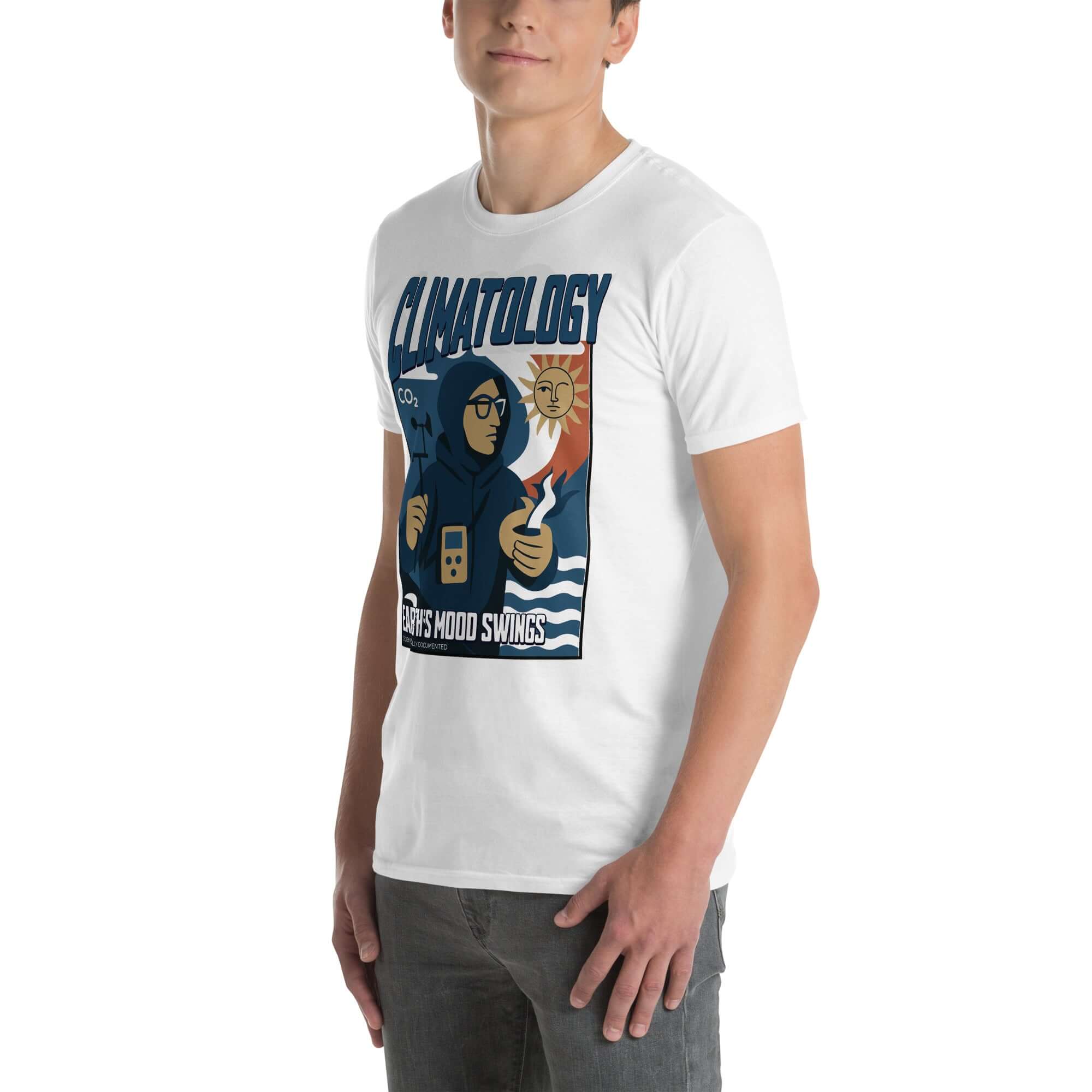 Man wearing Climatology T-Shirt with vintage design and text 'Earth's Mood Swings Scientifically Documented', casual style