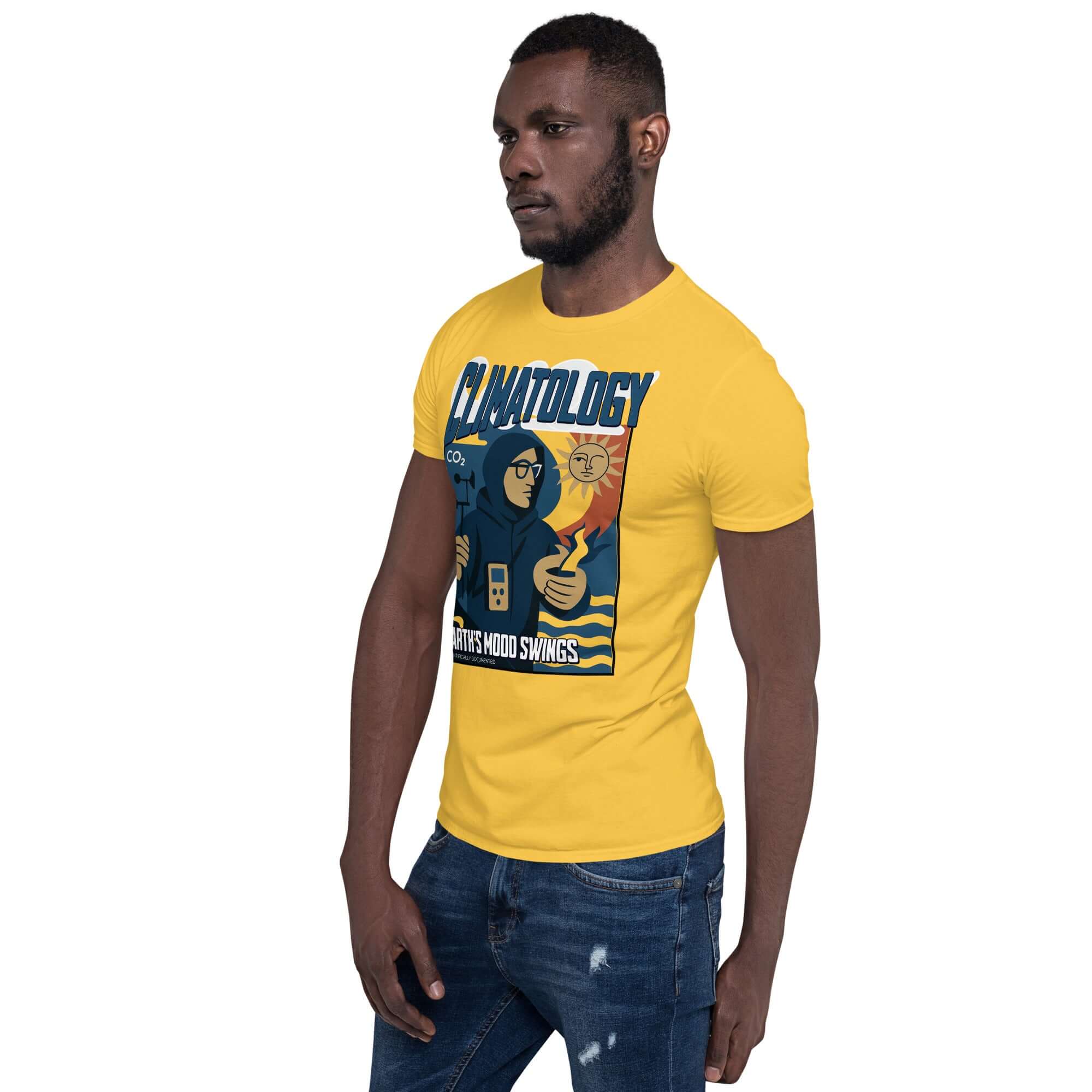 Climatology T-shirt featuring Earth's Mood Swings design on a yellow shirt, worn by a model showcasing its vintage look.
