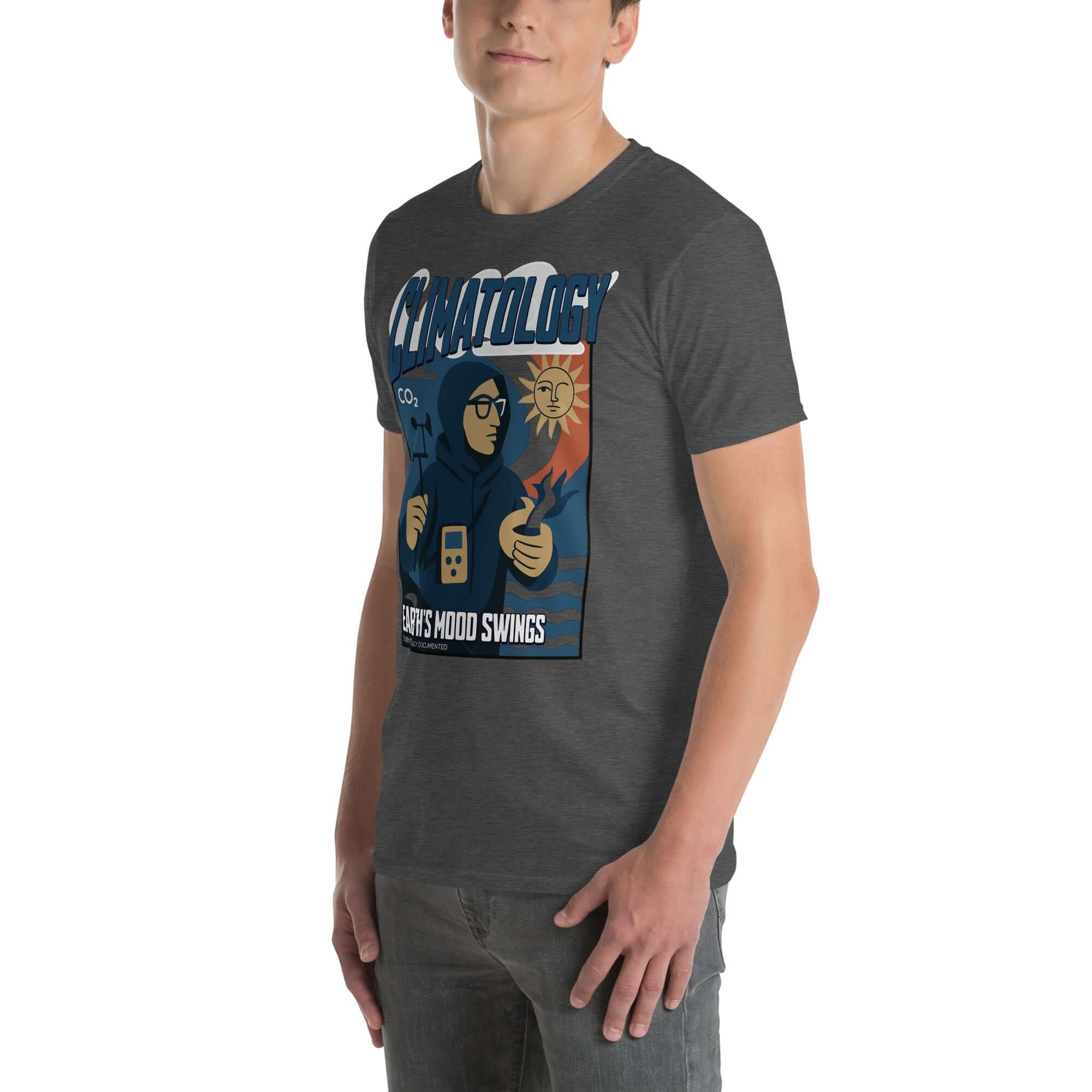 Person wearing Climatology T-Shirt with Earth's Mood Swings vintage design, celebrating atmospheric science. Gray shirt.
