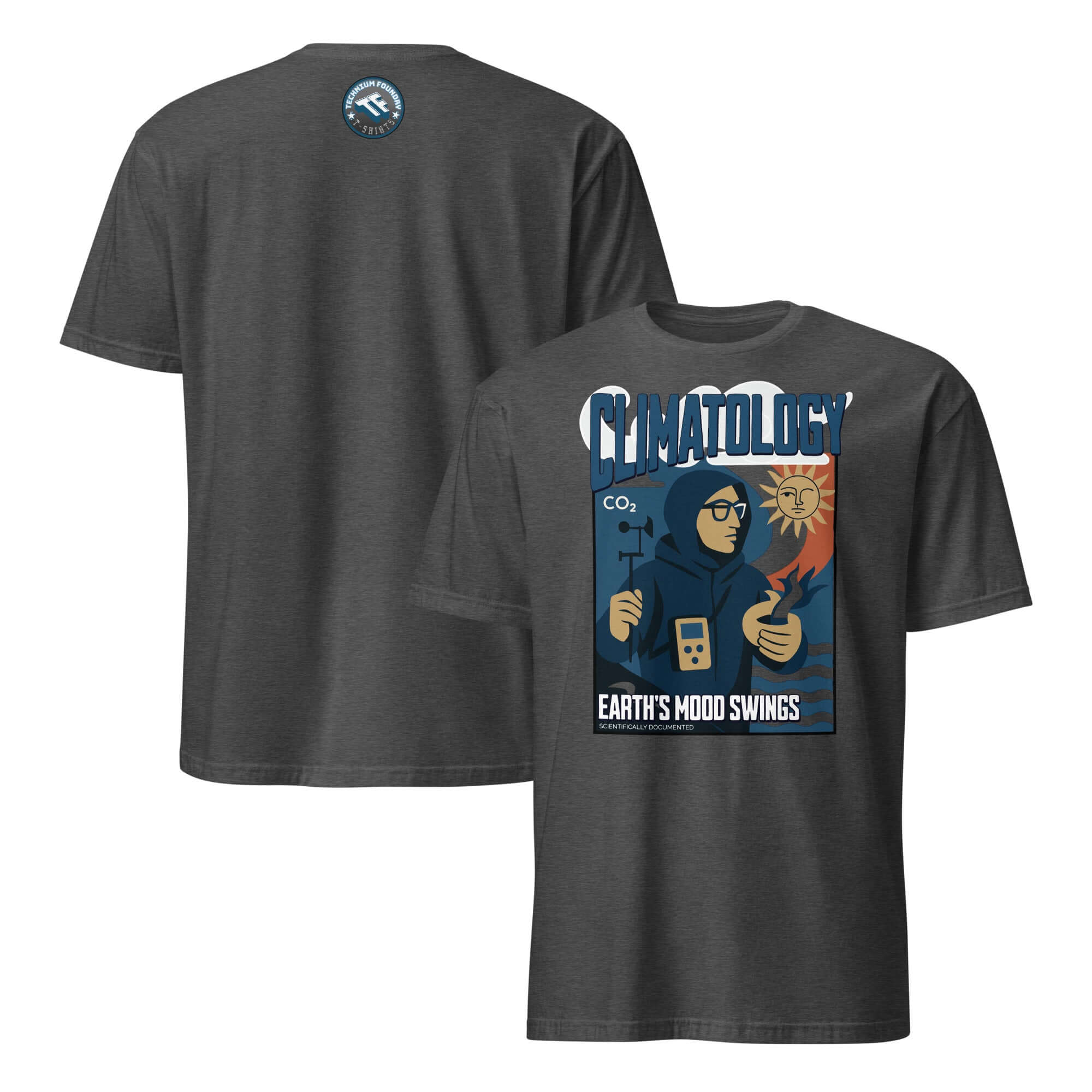 Climatology T-shirt featuring vintage design of atmospheric scientist and weather icons, celebrating Earth's mood swings.