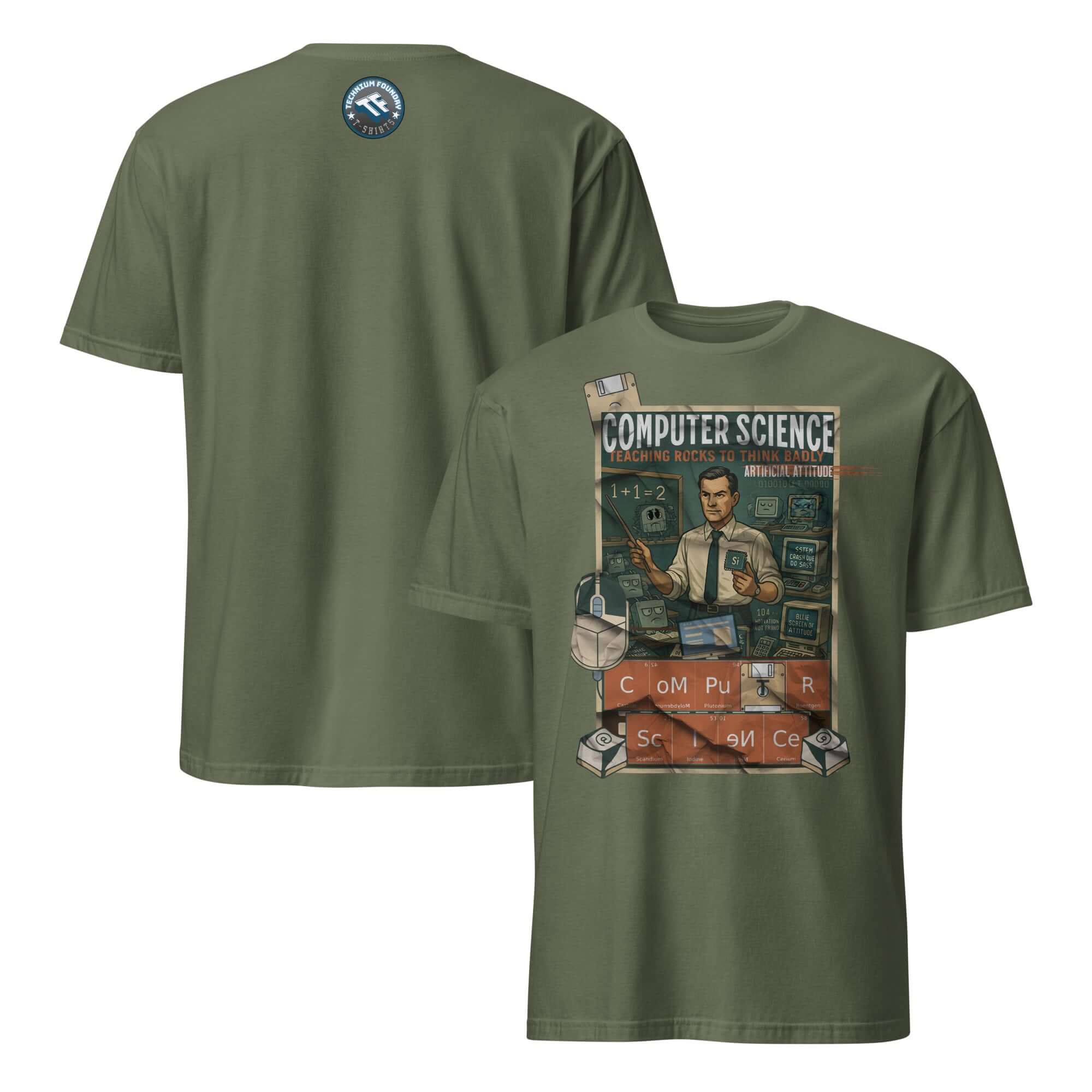 Vintage green Computer Science T-Shirt with educational design, celebrating technology's transformation from sand to electronics.