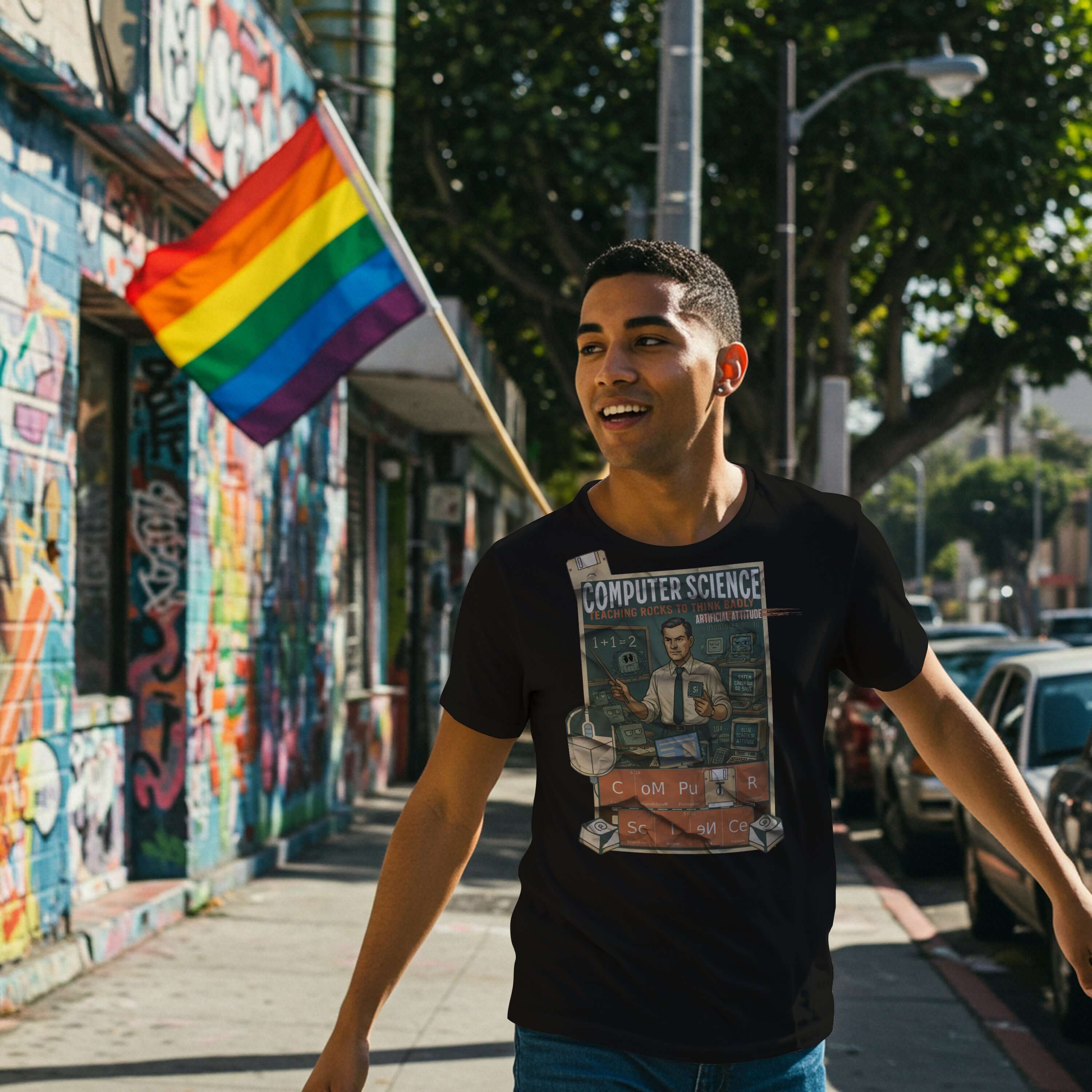 Person wearing a "Computer Science - Teaching Rocks To Think Badly" vintage T-shirt, walking by graffiti and a pride flag.