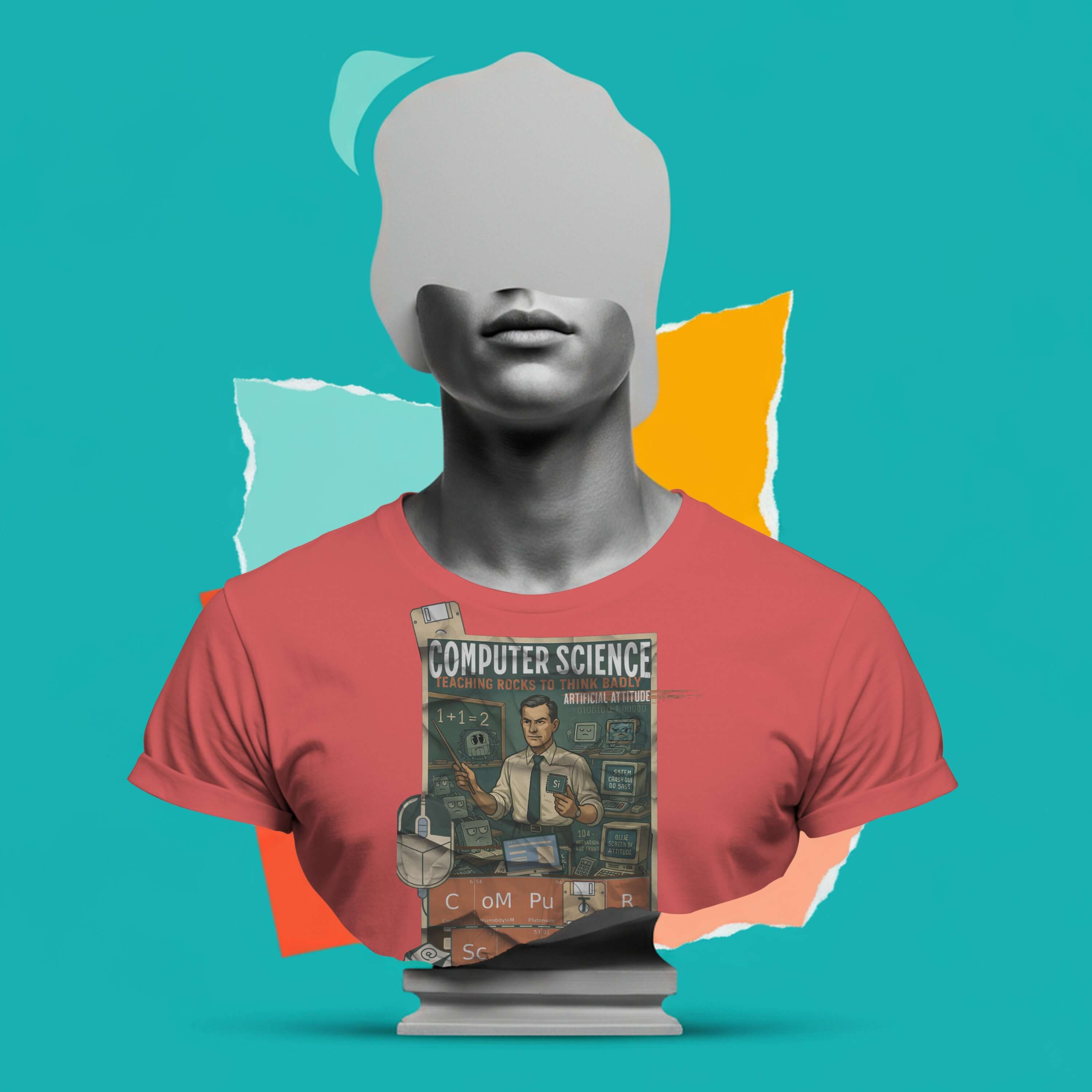 Computer Science T-Shirt featuring "Teaching Rocks To Think Badly" design on mannequin bust against colorful abstract background.