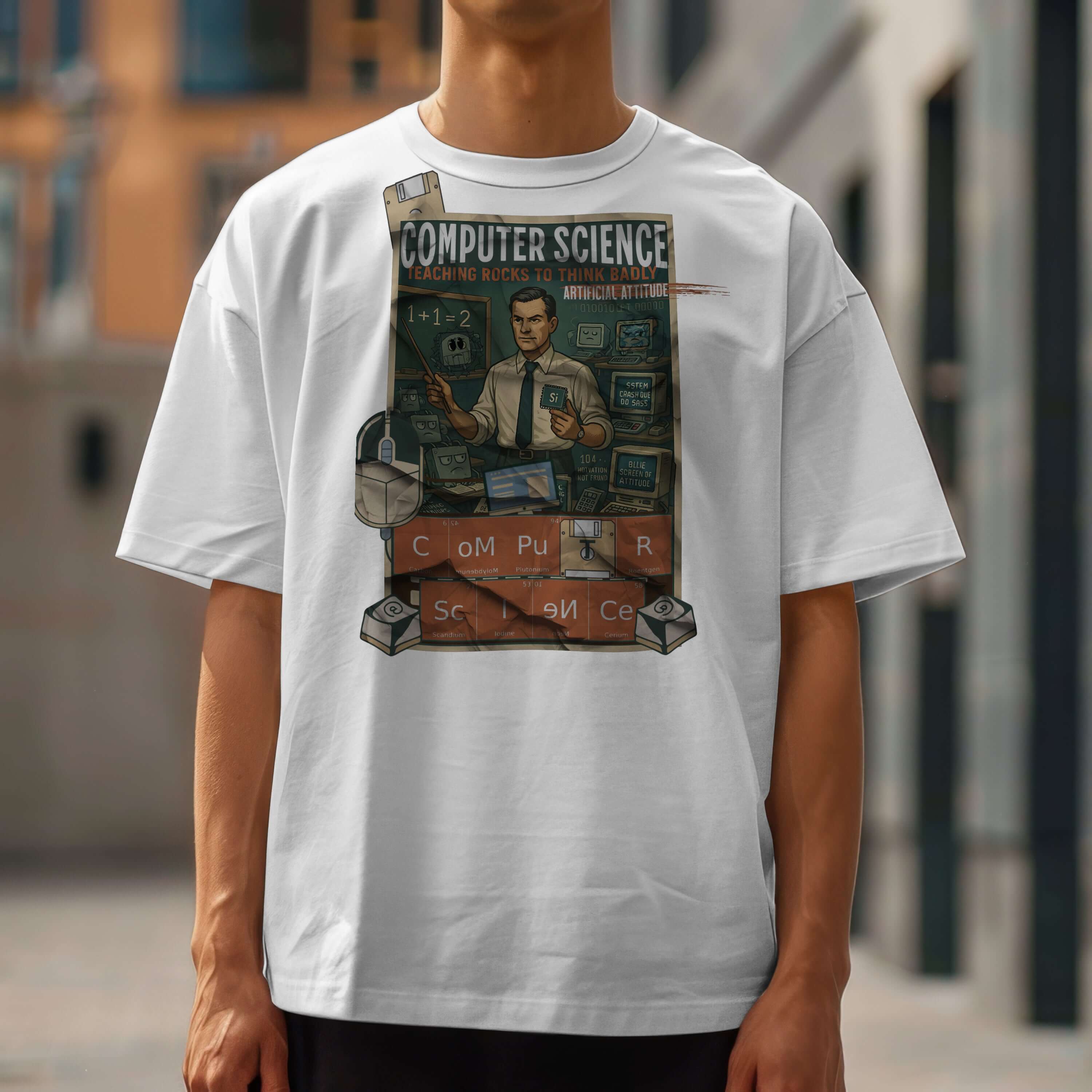 Person wearing "Computer Science - Teaching Rocks To Think Badly" T-shirt featuring a retro design celebrating tech innovation.
