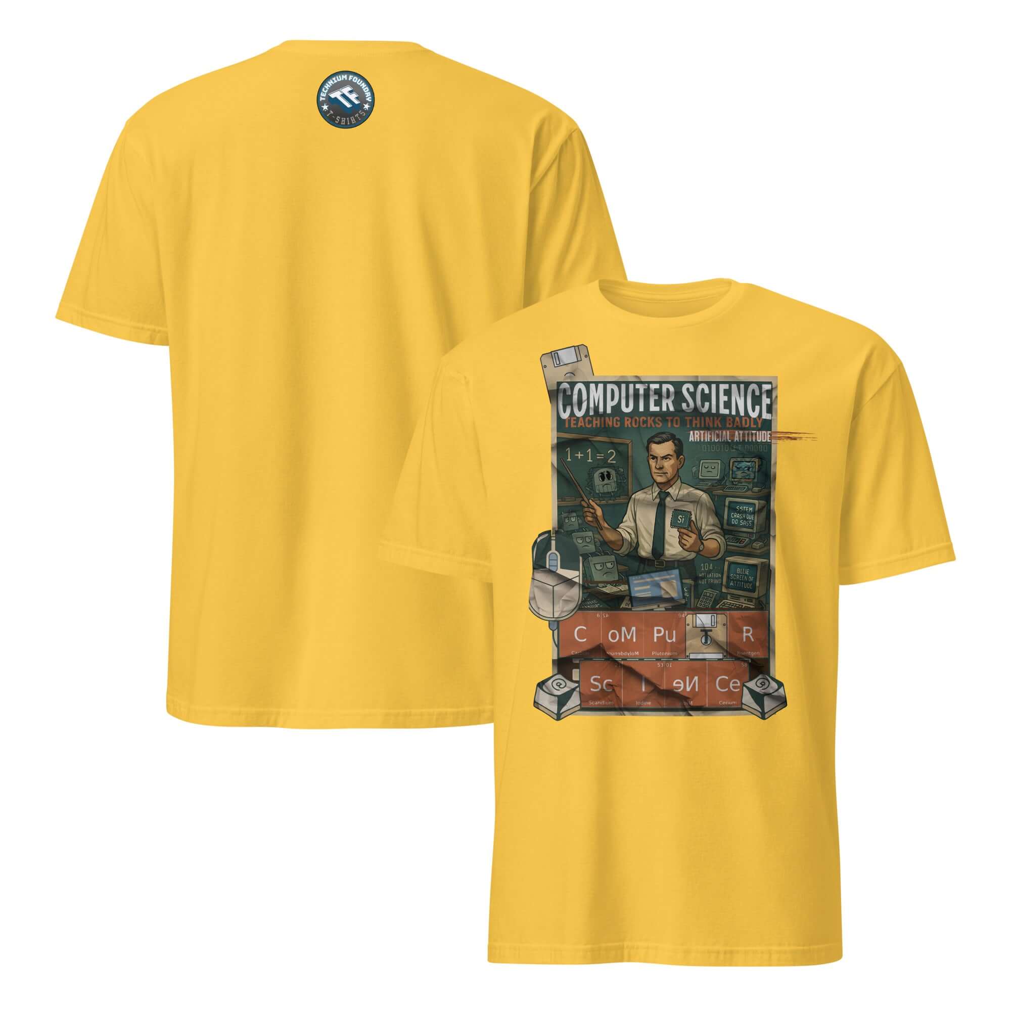 Yellow "Computer Science - Teaching Rocks To Think Badly" T-shirt with vintage design celebrating technology transformation.