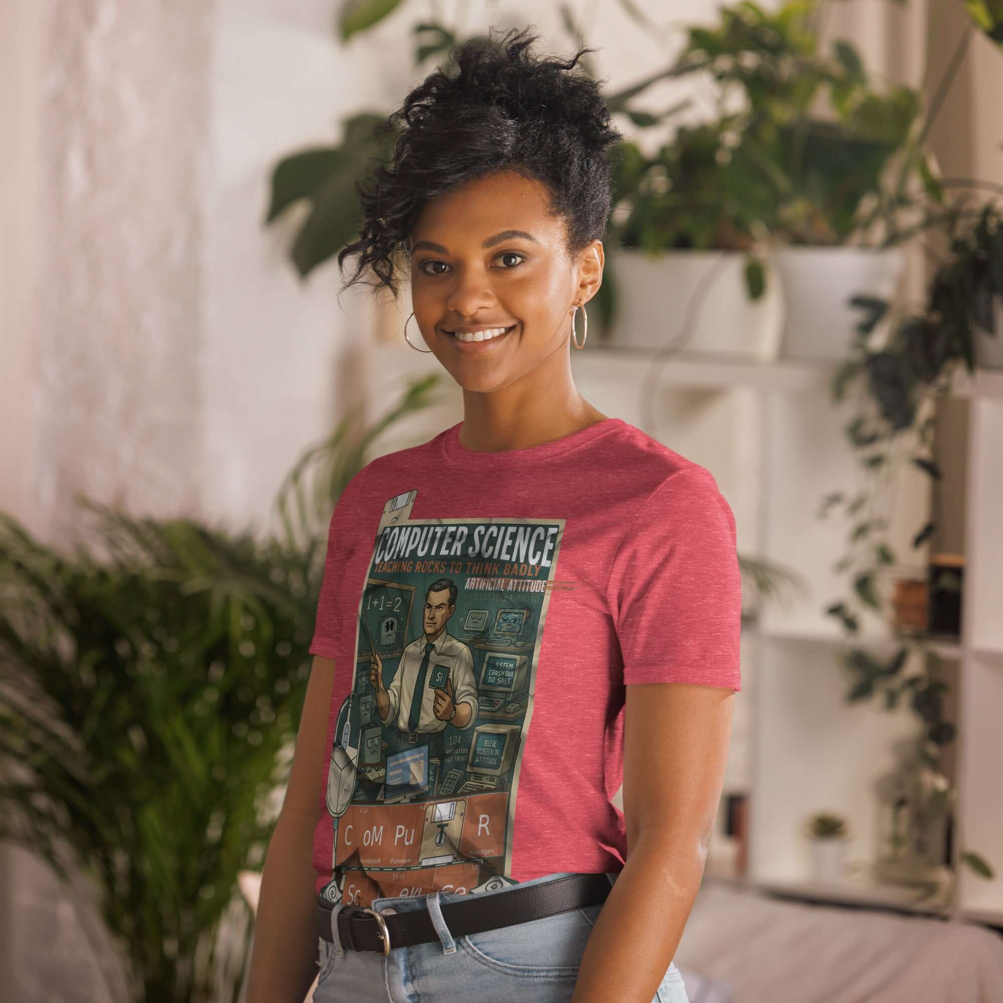 Woman wearing a "Computer Science: Teaching Rocks To Think Badly" t-shirt, featuring a vintage design and tech theme.