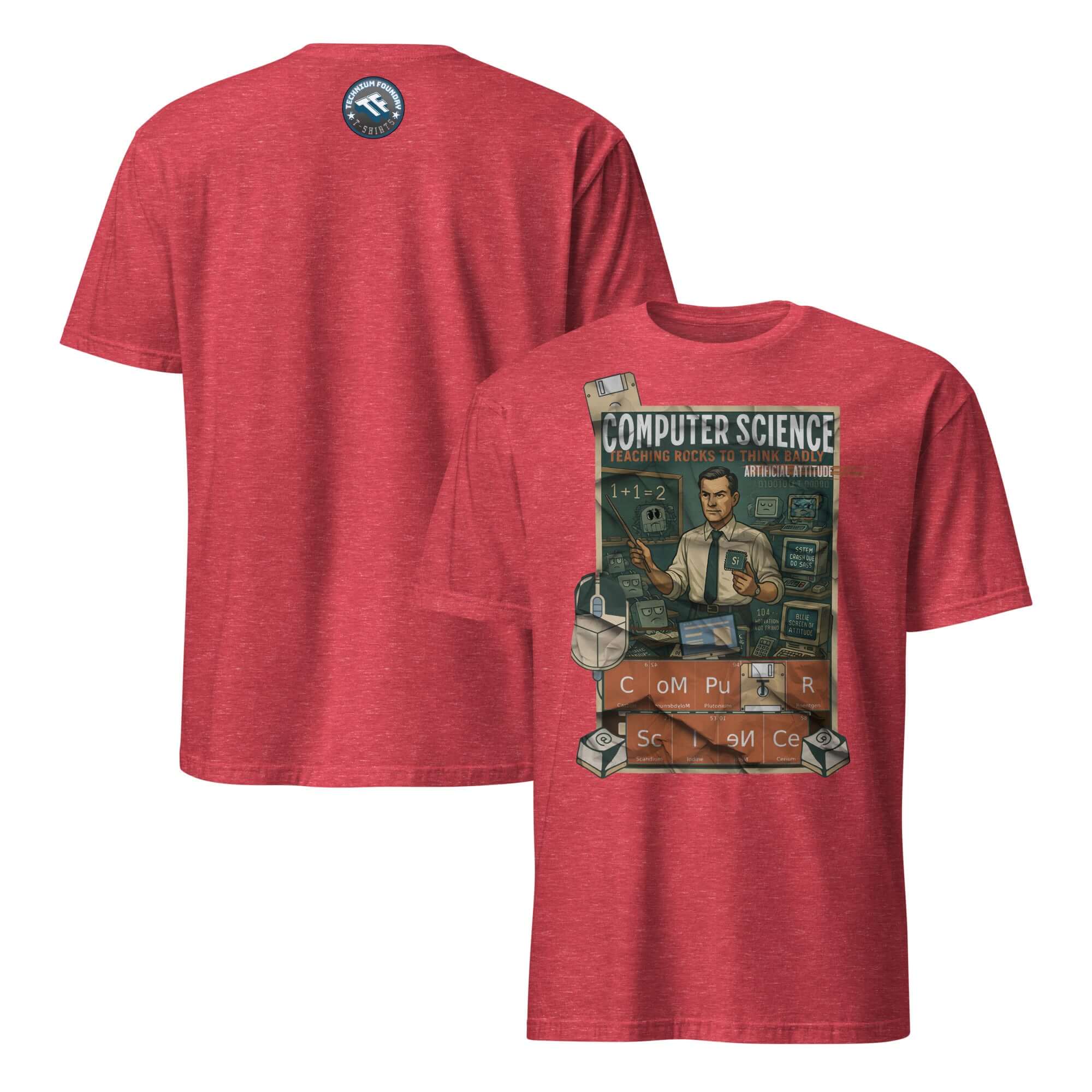 Red Computer Science T-Shirt with vintage graphic 'Teaching Rocks To Think Badly' celebrating tech innovation.