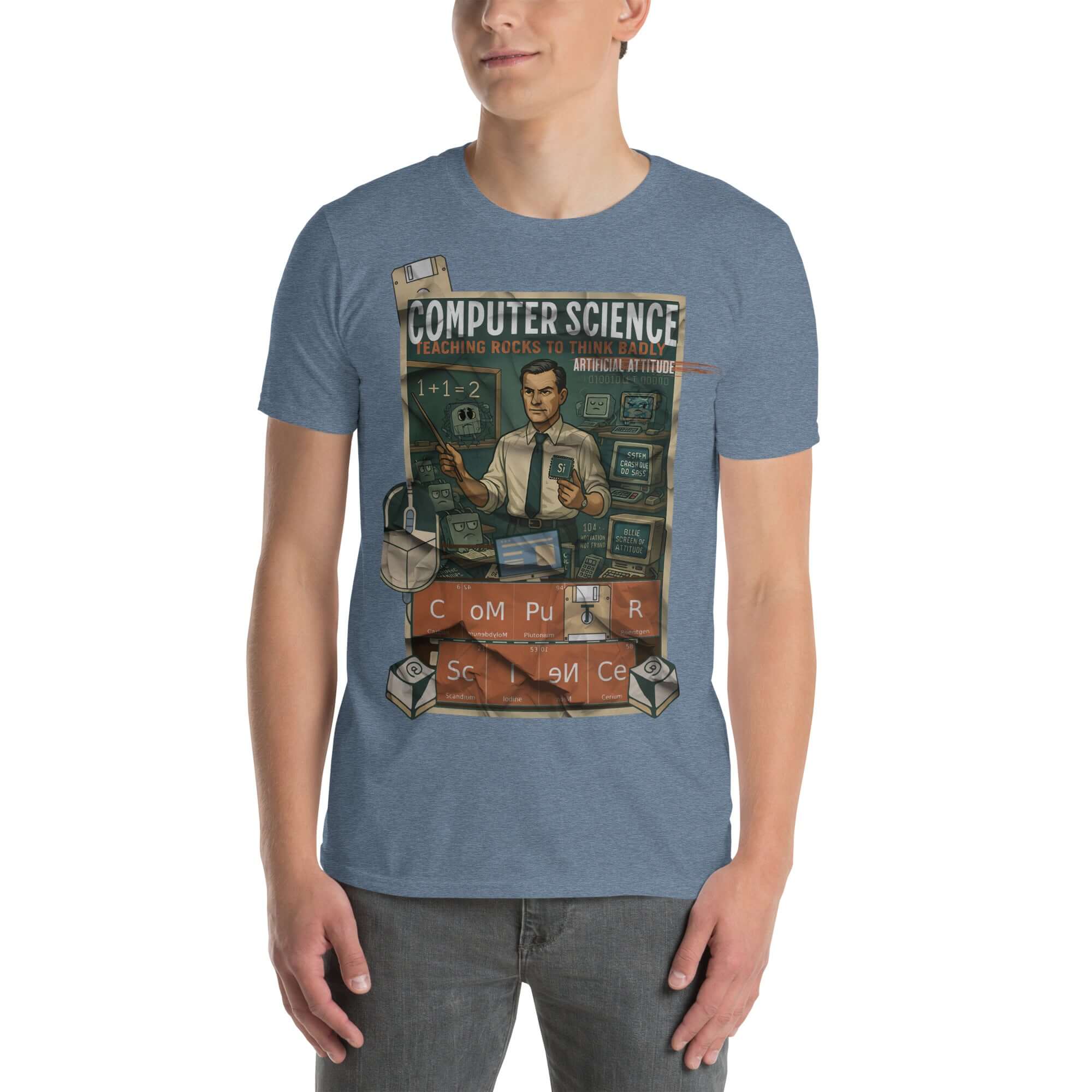 Blue t-shirt featuring a retro computer science design, titled 'Teaching Rocks To Think Badly,' celebrating tech innovation.