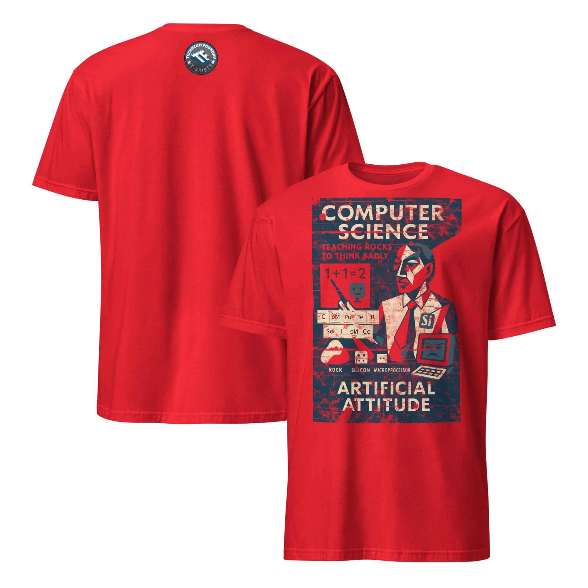 Red "Teaching Rocks to Think Badly" Computer Science T-Shirt with retro classroom print and humorous text on the back.