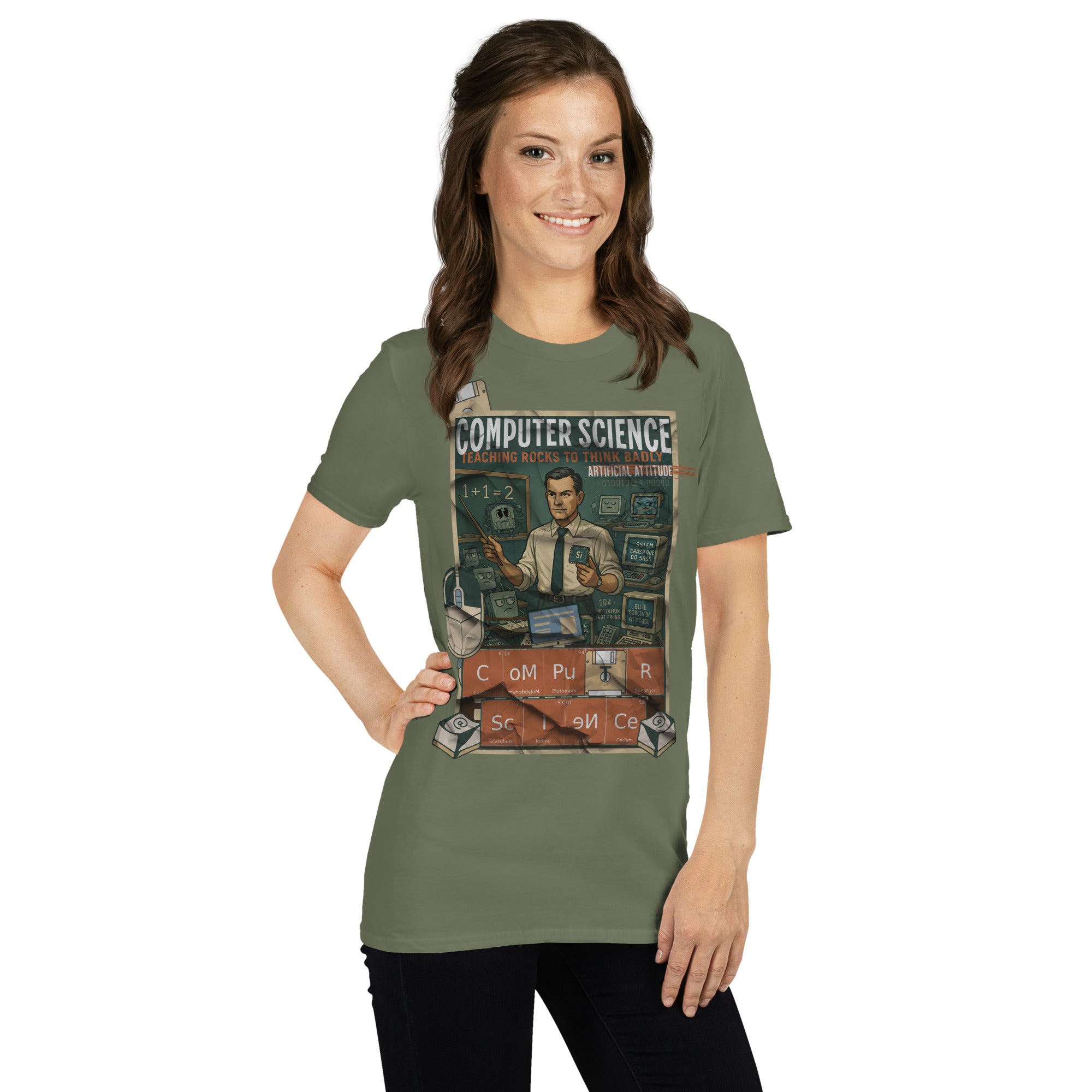 Woman wearing a Computer Science T-Shirt with a vintage educational design, celebrating the concept of teaching rocks to think.
