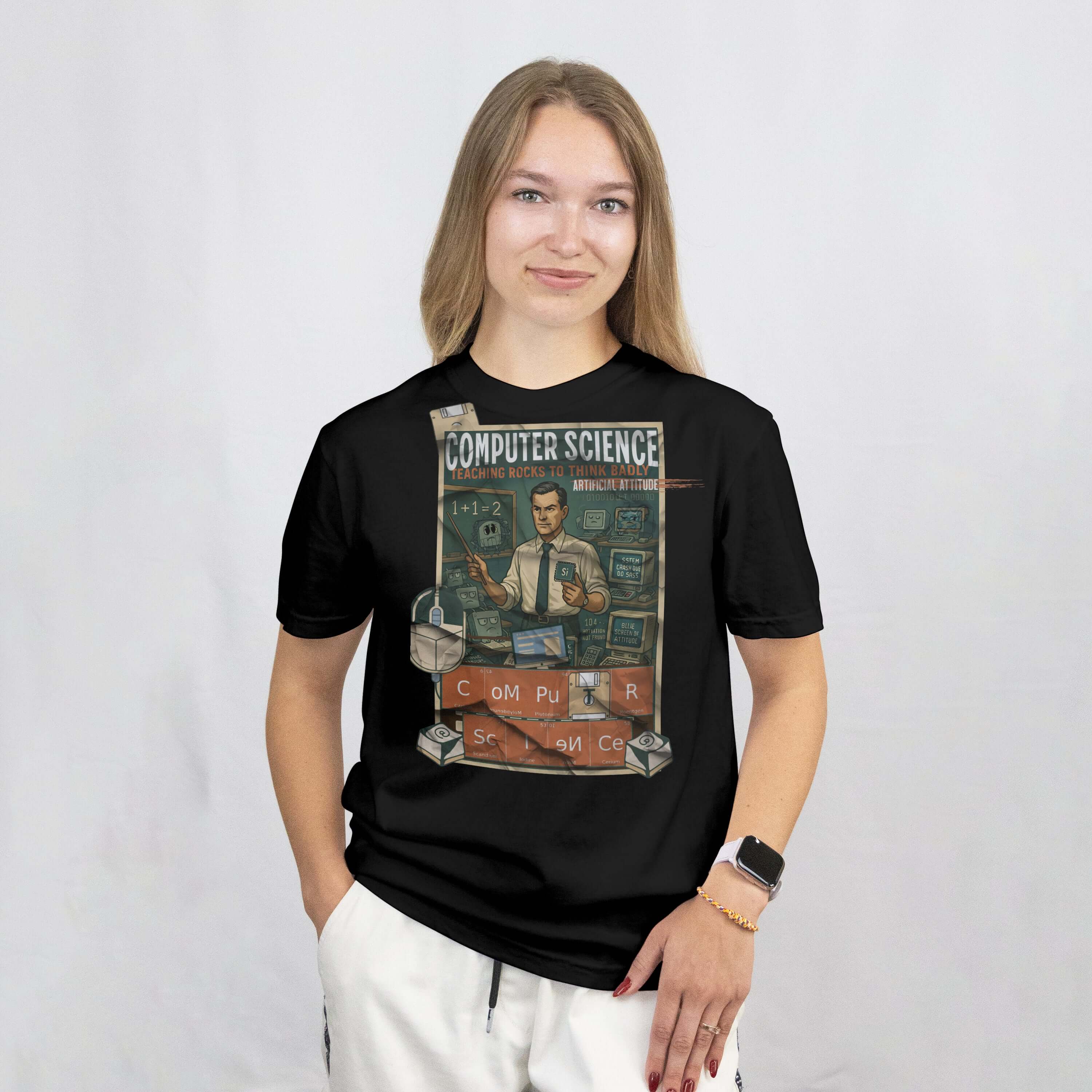 Woman wearing a Computer Science T-Shirt with a vintage design, featuring the phrase 'Teaching Rocks To Think Badly.'