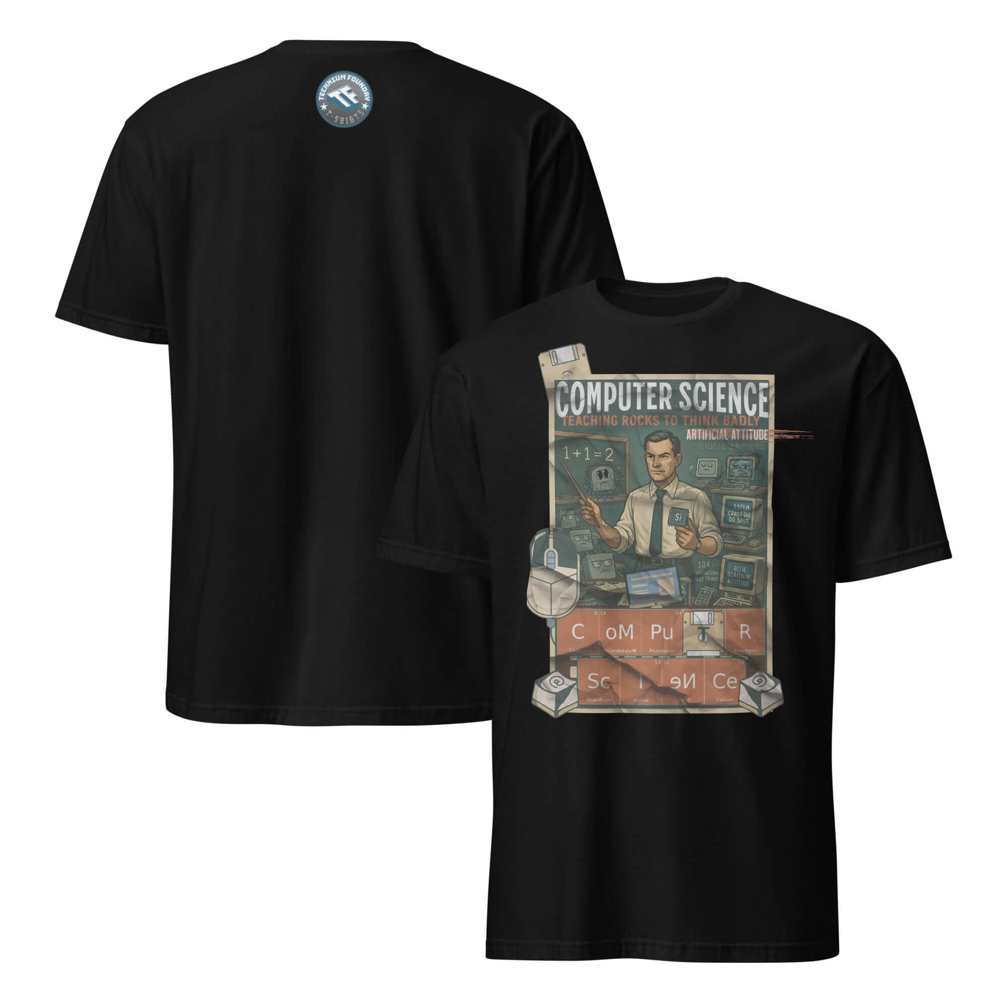 Vintage Computer Science T-Shirt with retro educational design featuring "Teaching Rocks To Think Badly" theme.