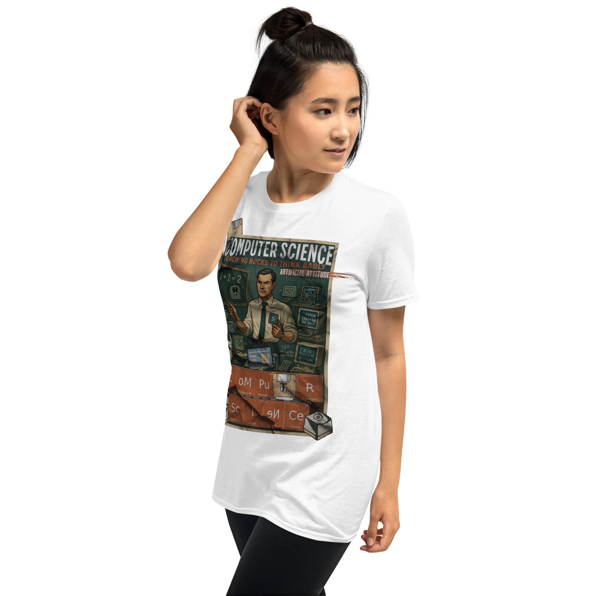 Woman wearing a "Computer Science - Teaching Rocks To Think Badly" T-shirt with a vintage educational design, celebrating technology.