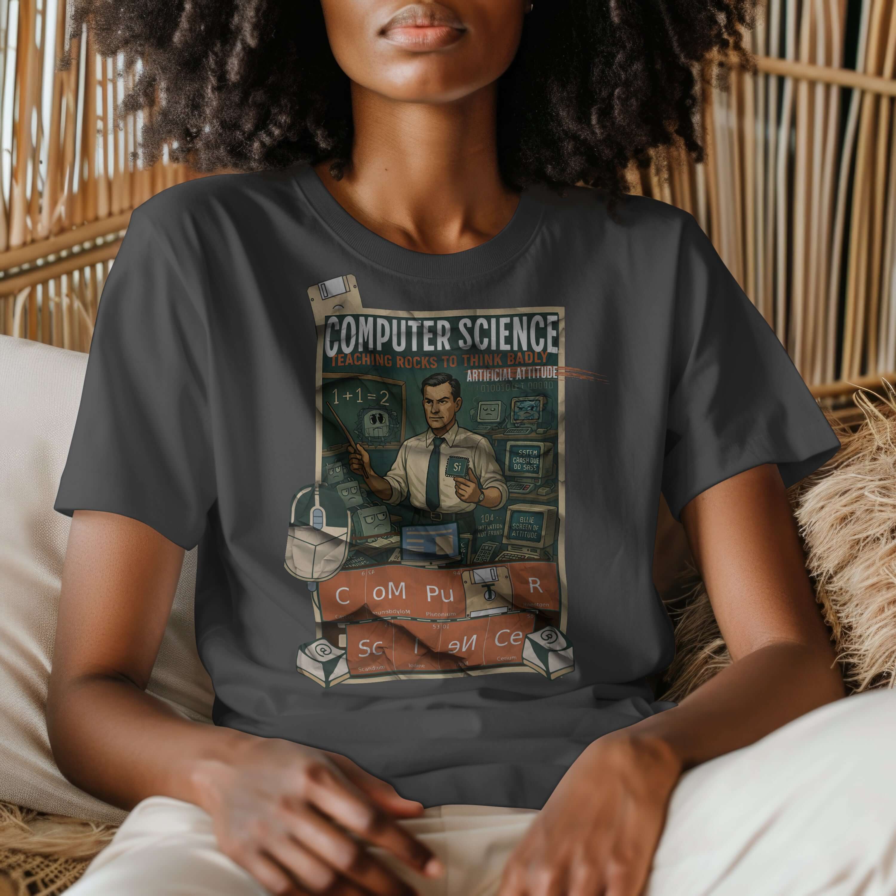 Woman wearing a Computer Science T-Shirt with a vintage design celebrating teaching rocks to think badly, showcasing tech history.