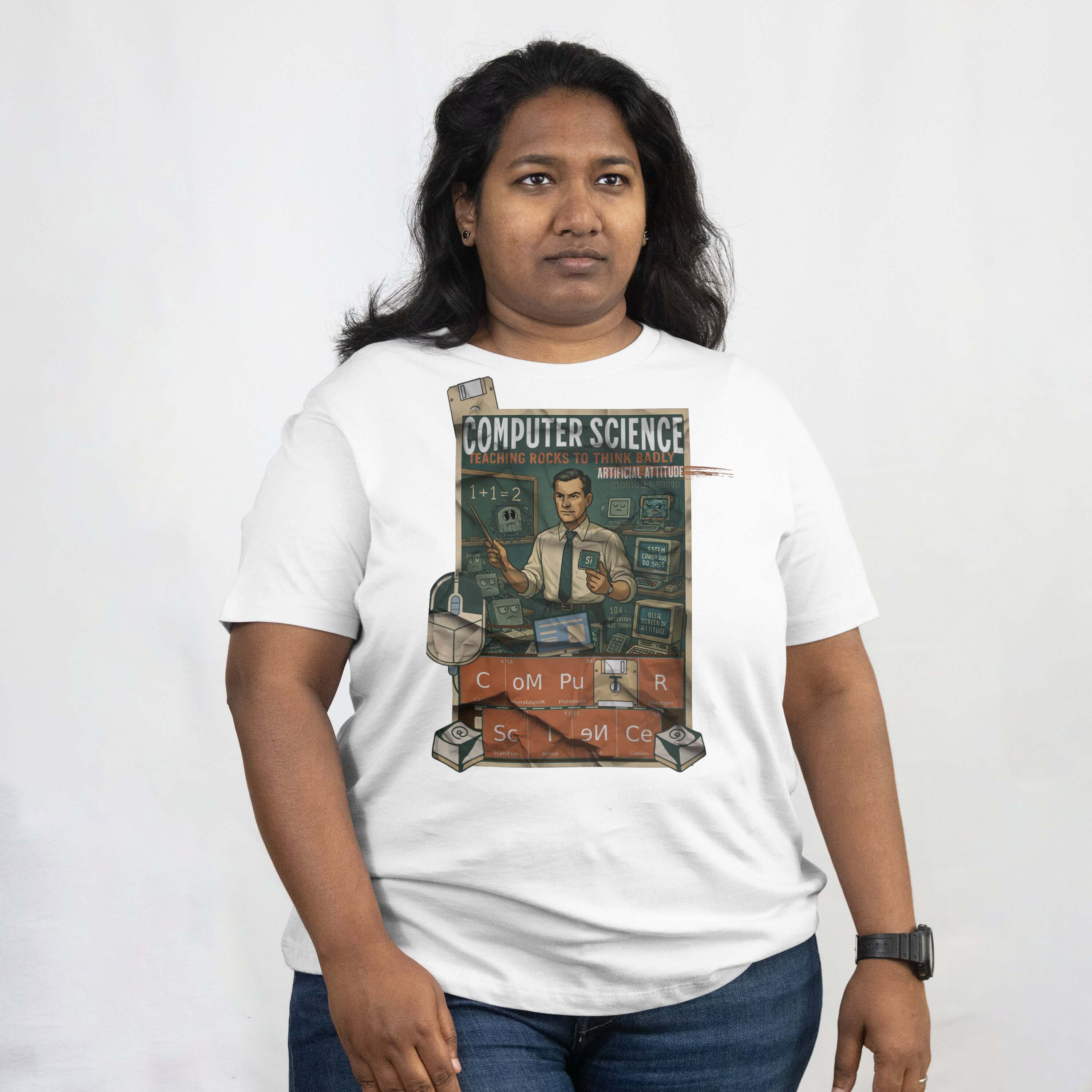 Woman wearing Computer Science T-shirt depicting teaching rocks to think, showcasing vintage educational design.