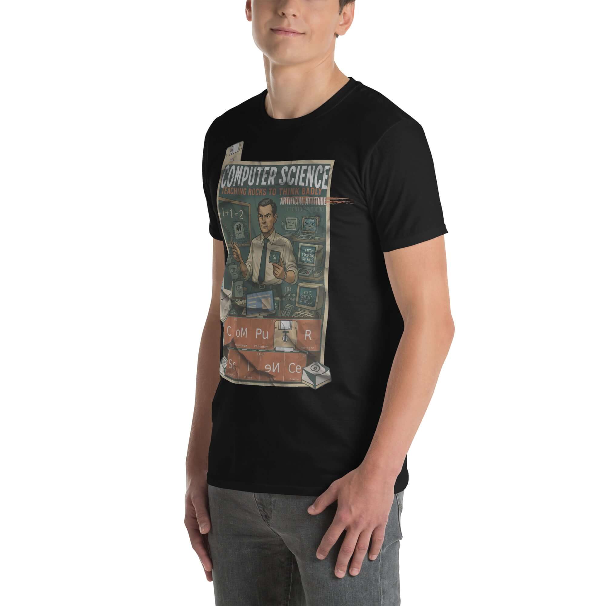 Computer Science T-shirt featuring vintage design, "Teaching Rocks To Think Badly," celebrating tech transformation, worn by male model.