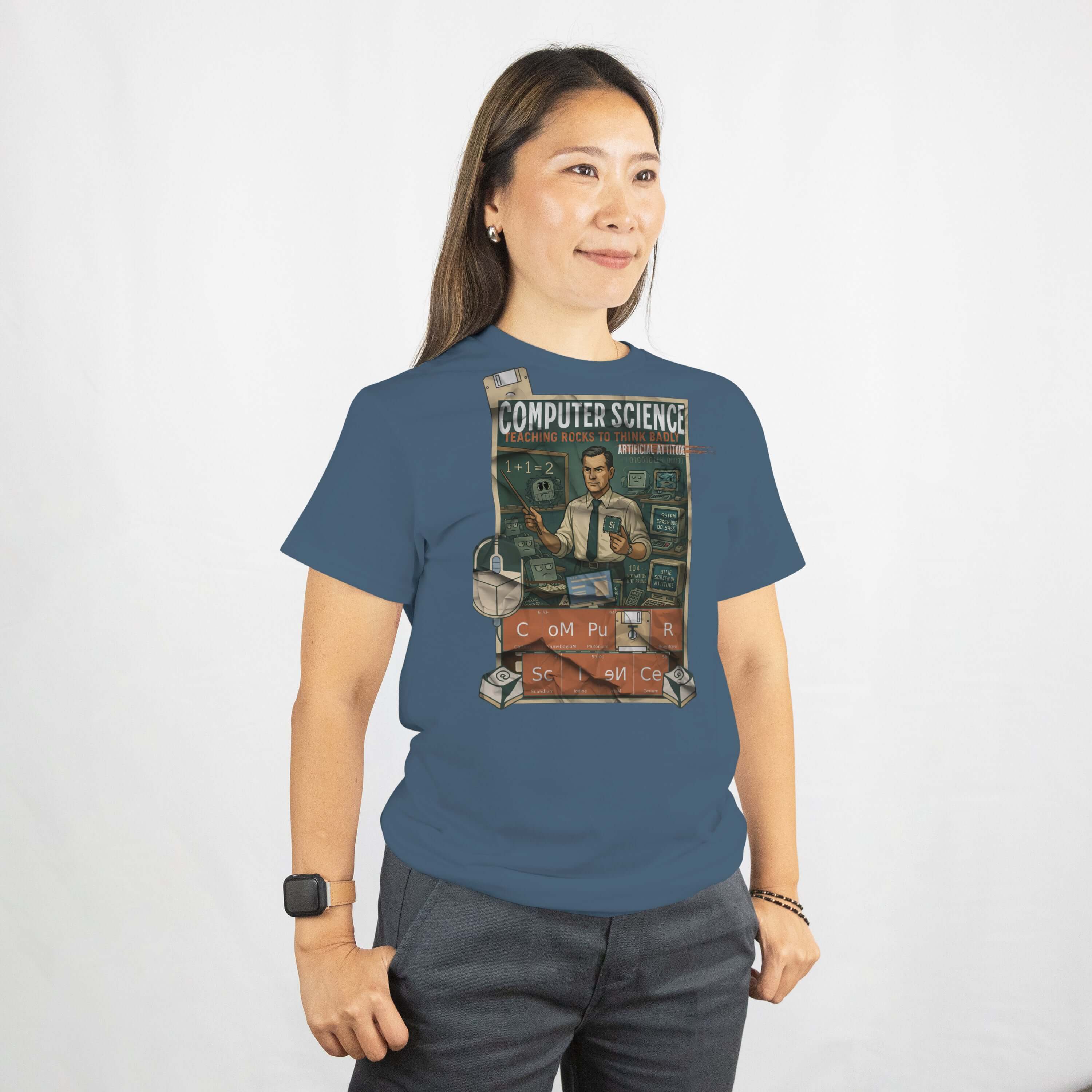Woman wearing a vintage Computer Science T-shirt with "Teaching Rocks To Think Badly" design, celebrating silicon technology.