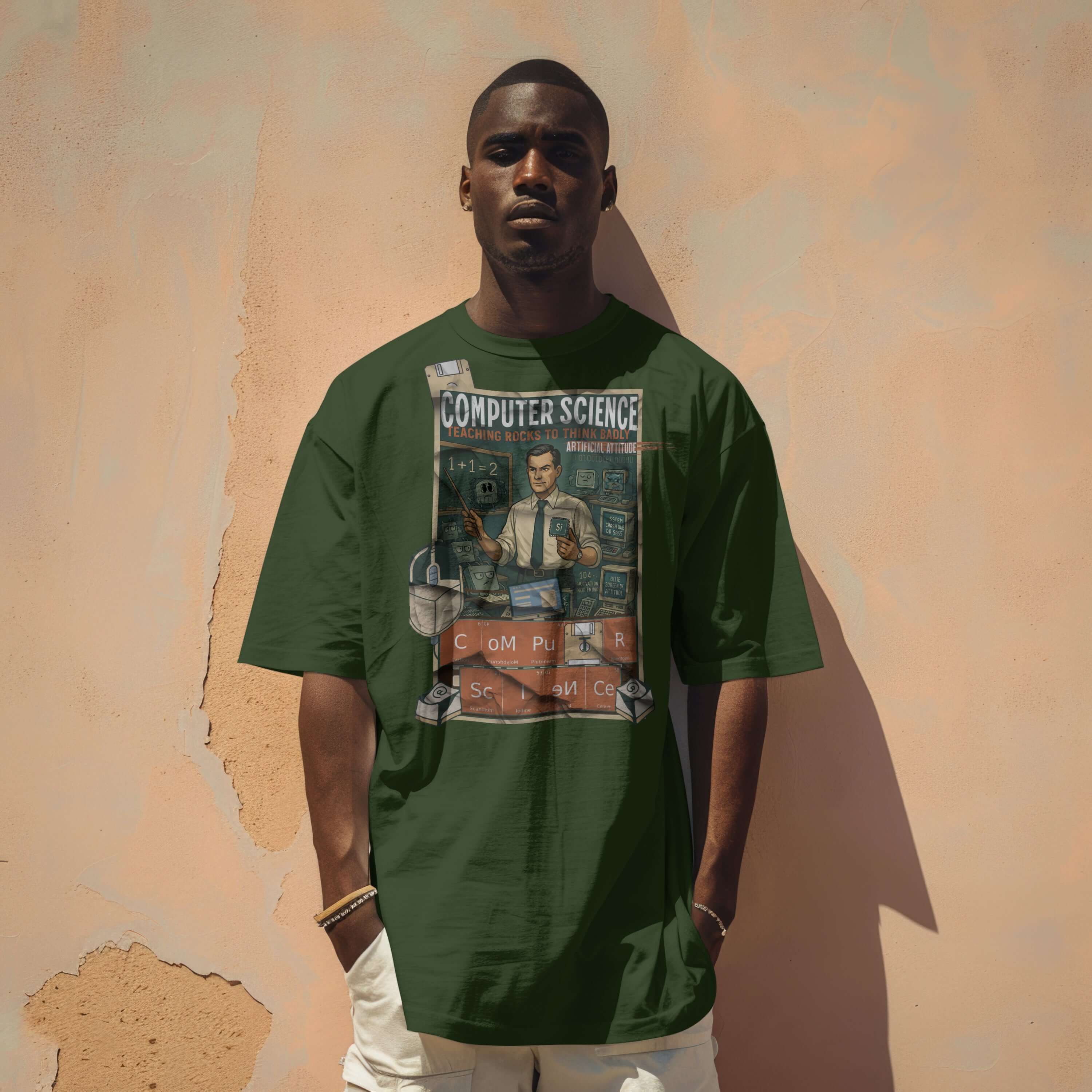 Man wearing 'Computer Science Teaching Rocks To Think Badly' vintage t-shirt, celebrating innovative technology transformation.