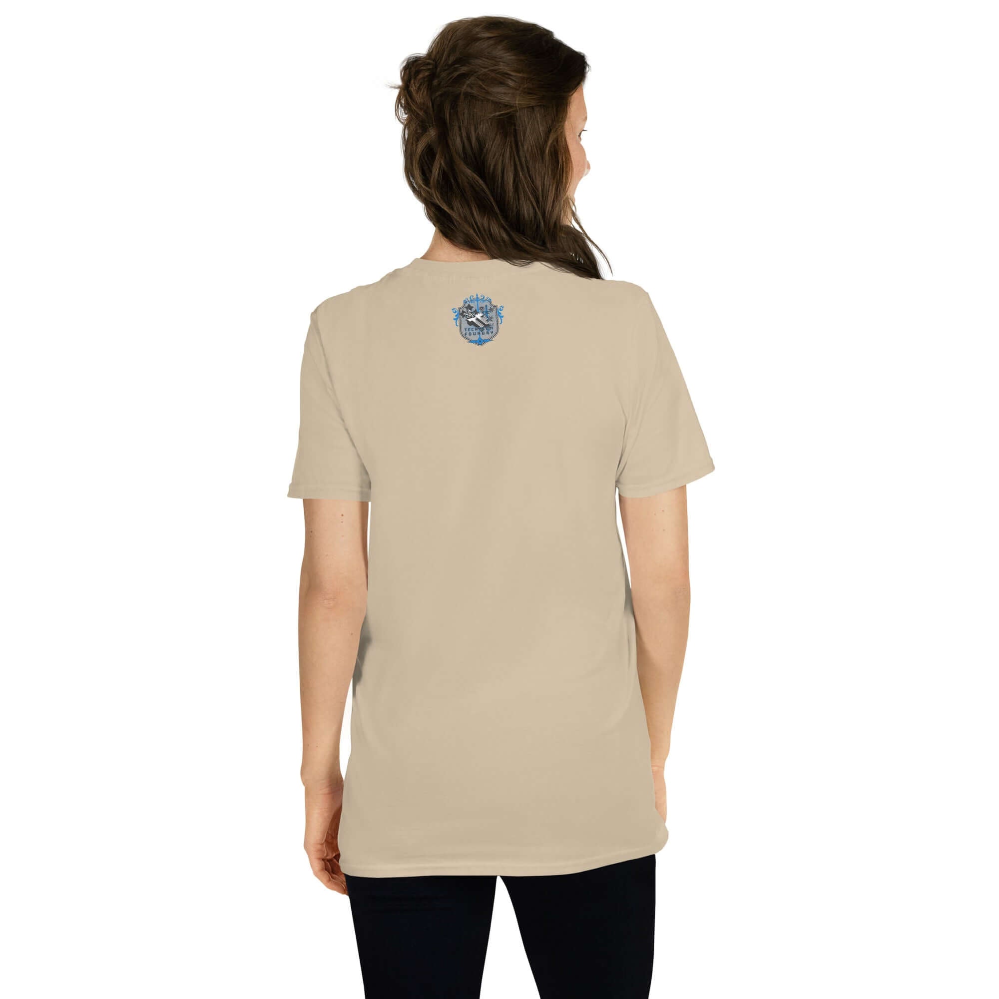 Back view of Control Groups Get Weird Too T-Shirt featuring retro blue and orange sunburst design inspired by 70s science research humor.