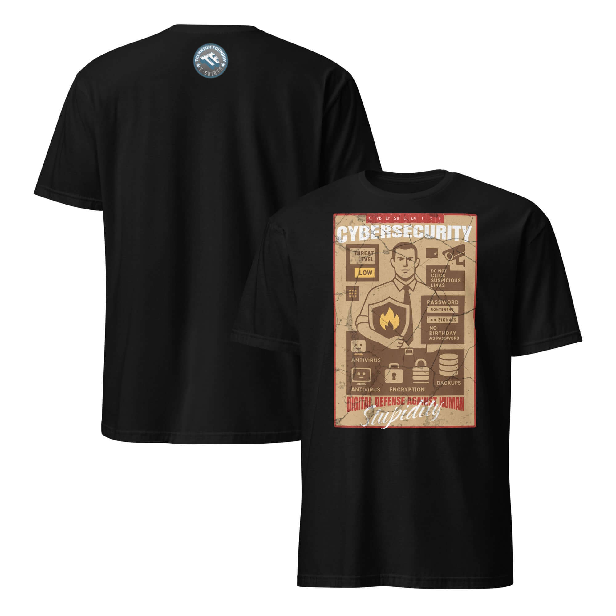 Front and back view of a cybersecurity T-shirt with a vintage design and "Digital Defense Against Human Stupidity" message.