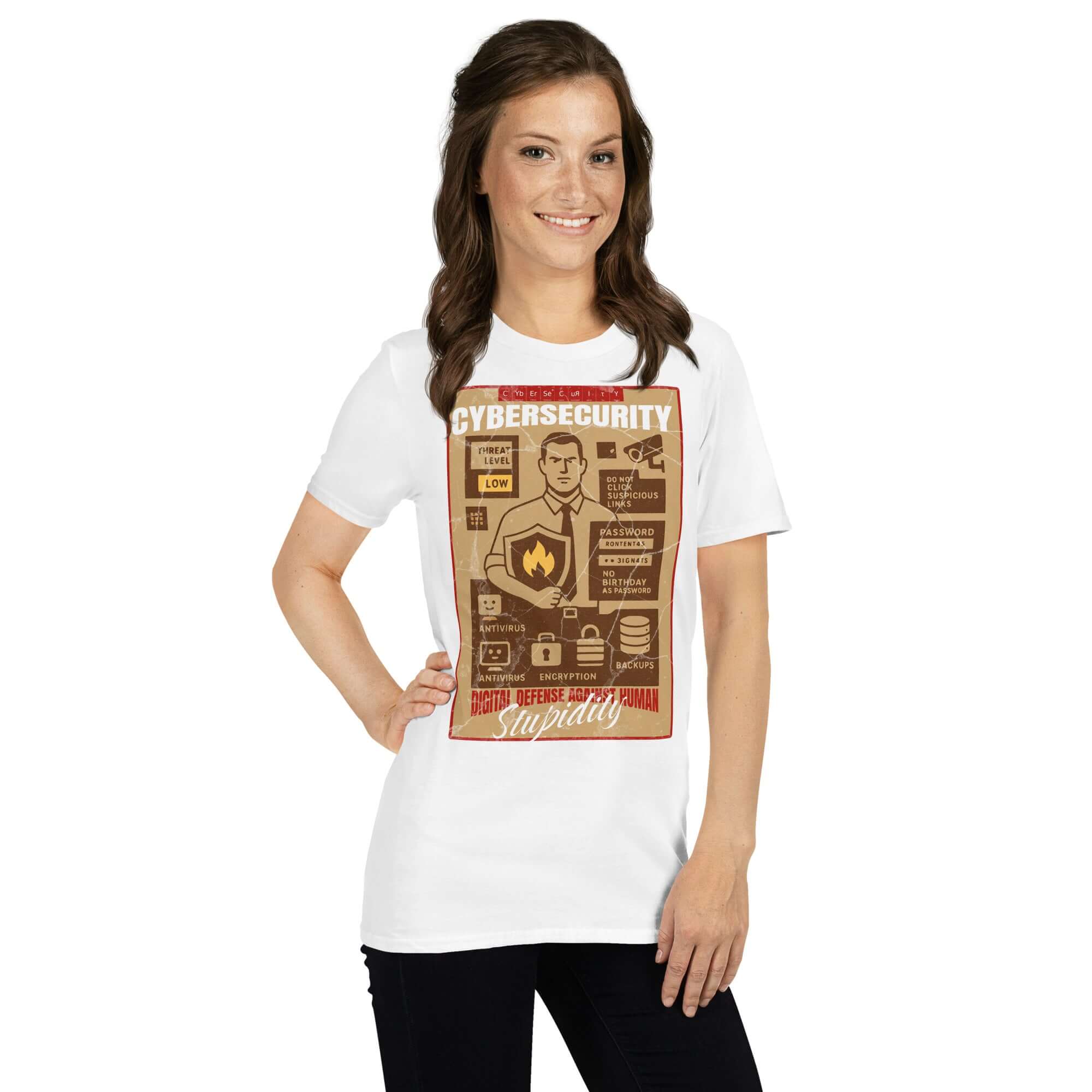 Woman wearing a white cybersecurity T-shirt with digital defense design, symbolizing security against human stupidity.