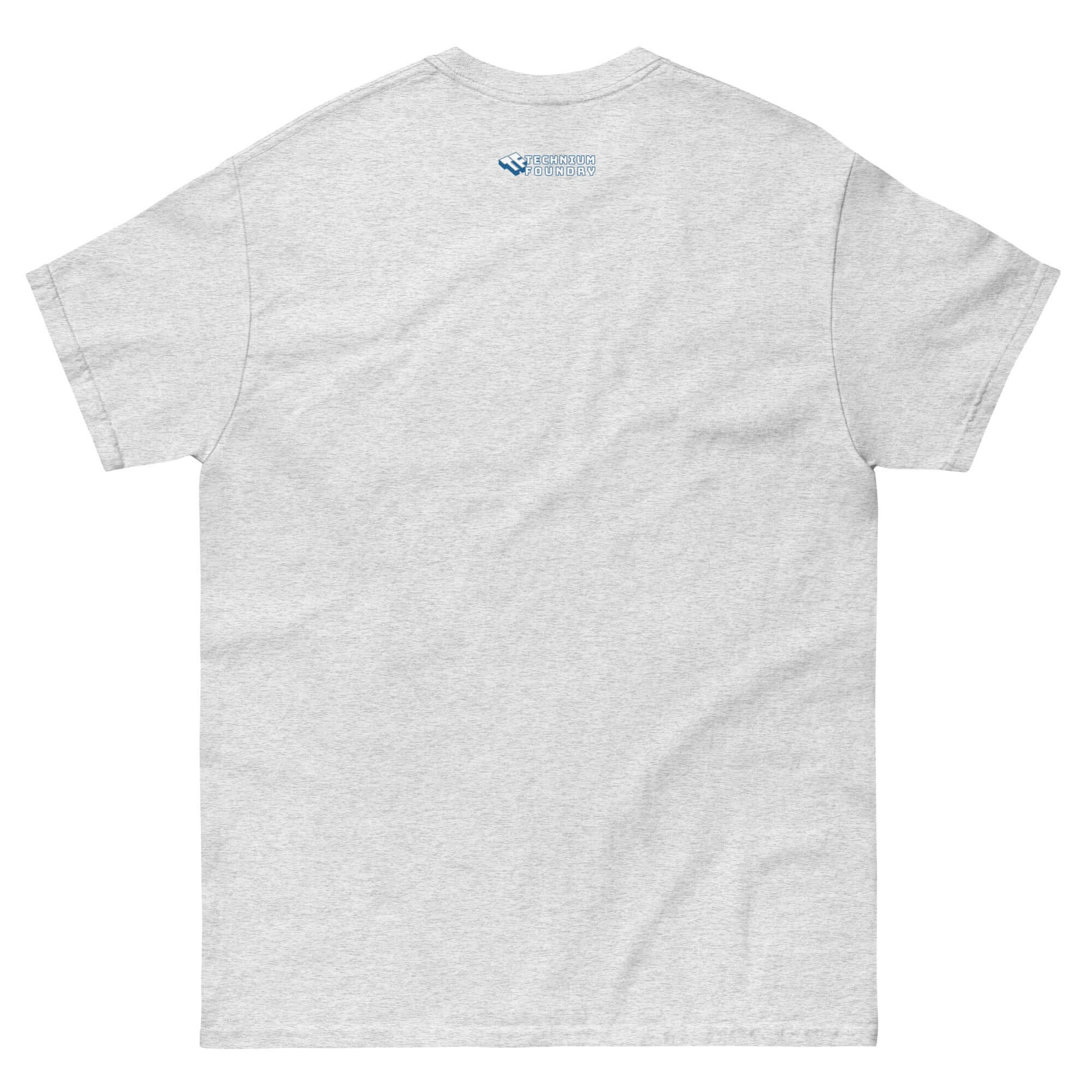 Back view of Defense Time Traveling Knights T-Shirt, featuring medieval tech paradox design on a comfortable, light grey fabric.