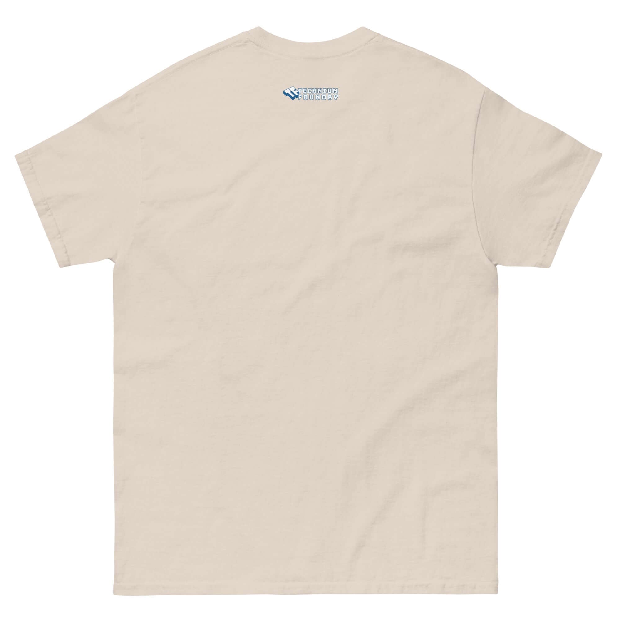 Back view of cream-colored t-shirt featuring Defense Time Traveling Knights design logo near neckline.