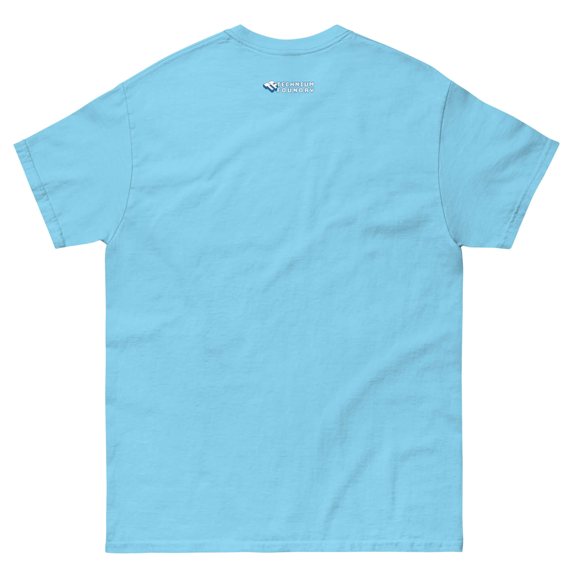 Back view of light blue T-Shirt showcasing Defense Time Traveling Knights design from medieval tech paradox collection.