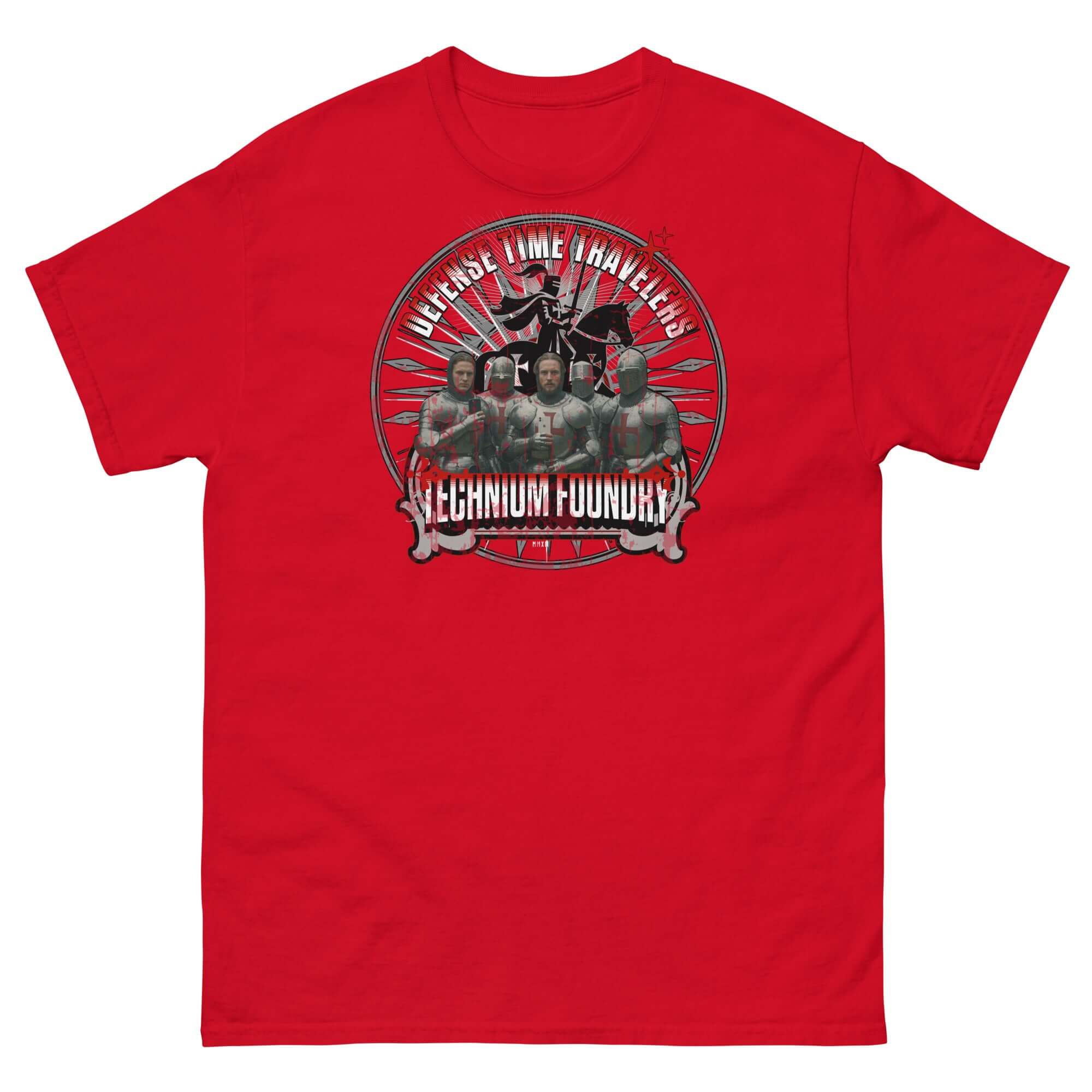 Red T-shirt featuring time traveling Templar knights surrounded by a medieval tech design with the title 'Defense Time Travelers'.