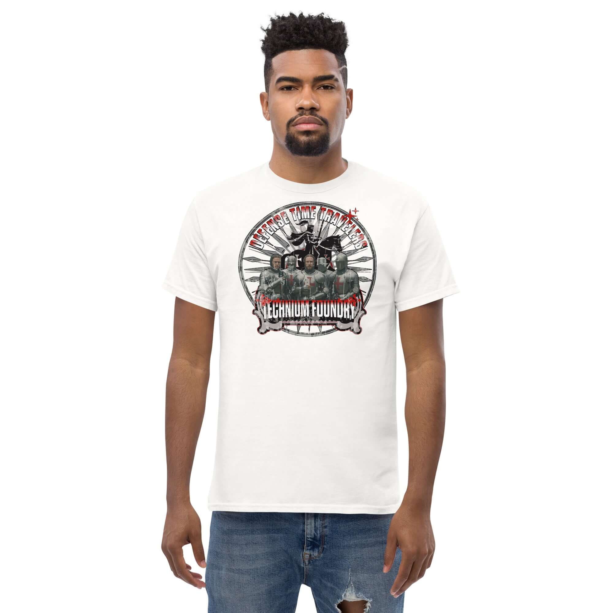 Defense Time Traveling Knights T-Shirt featuring medieval tech paradox design, worn by a model, ideal for history and sci-fi fans.