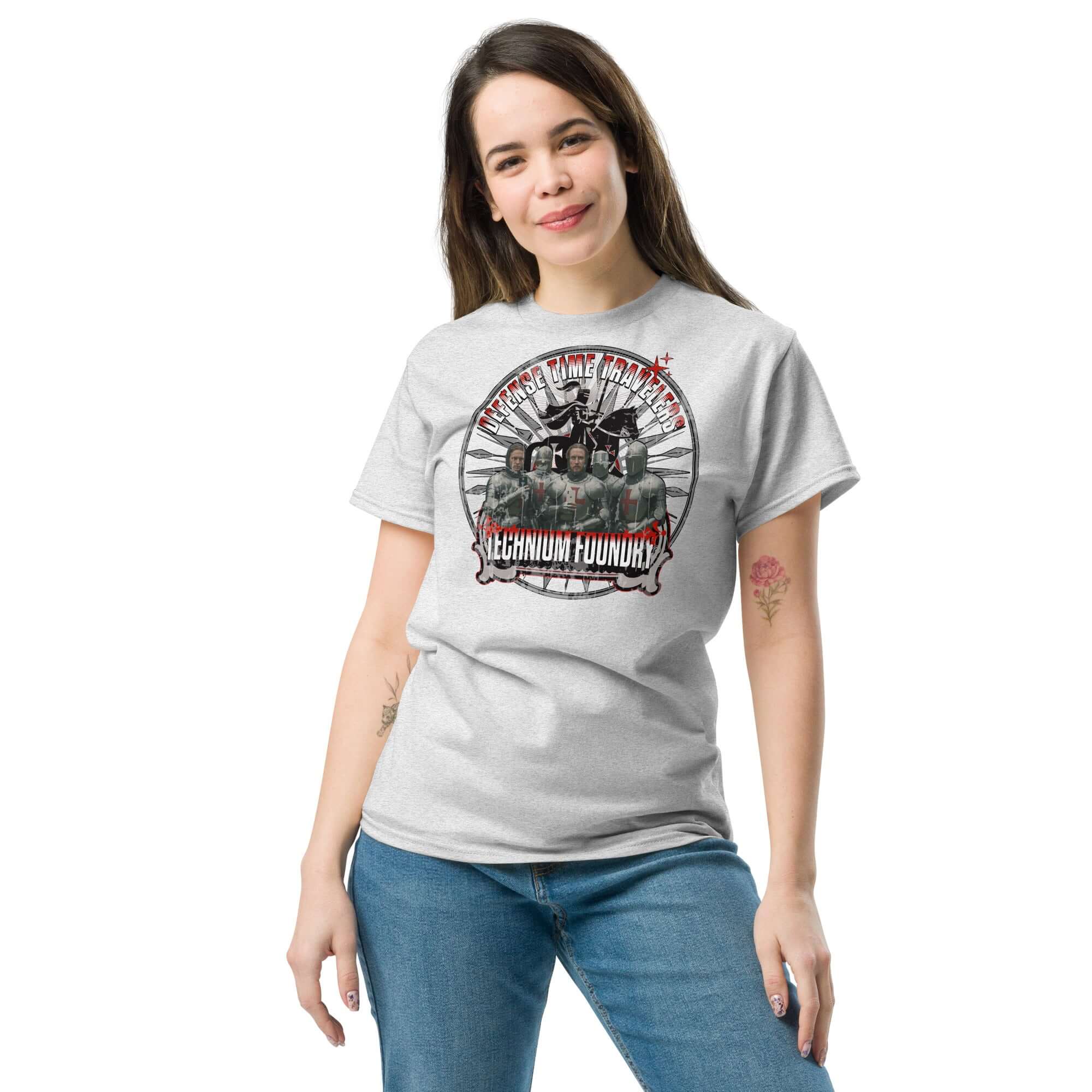 Woman wearing a Defense Time Traveling Knights T-Shirt featuring a medieval tech paradox design.