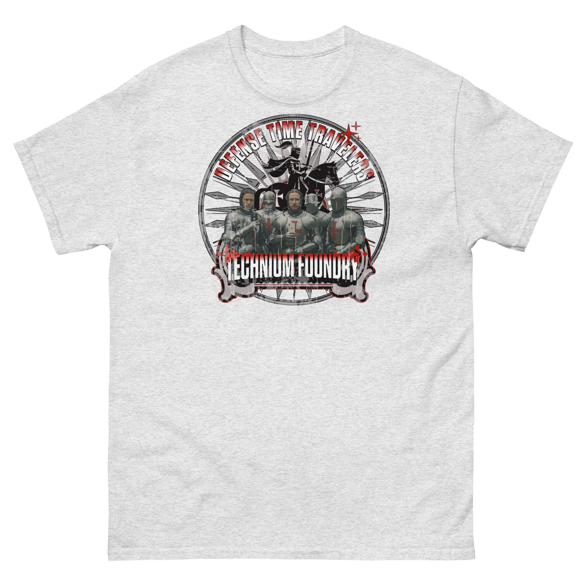 Alt Tag: Defense Time Traveling Knights T-Shirt featuring Templar knights, clock design, and medieval tech paradox theme.
