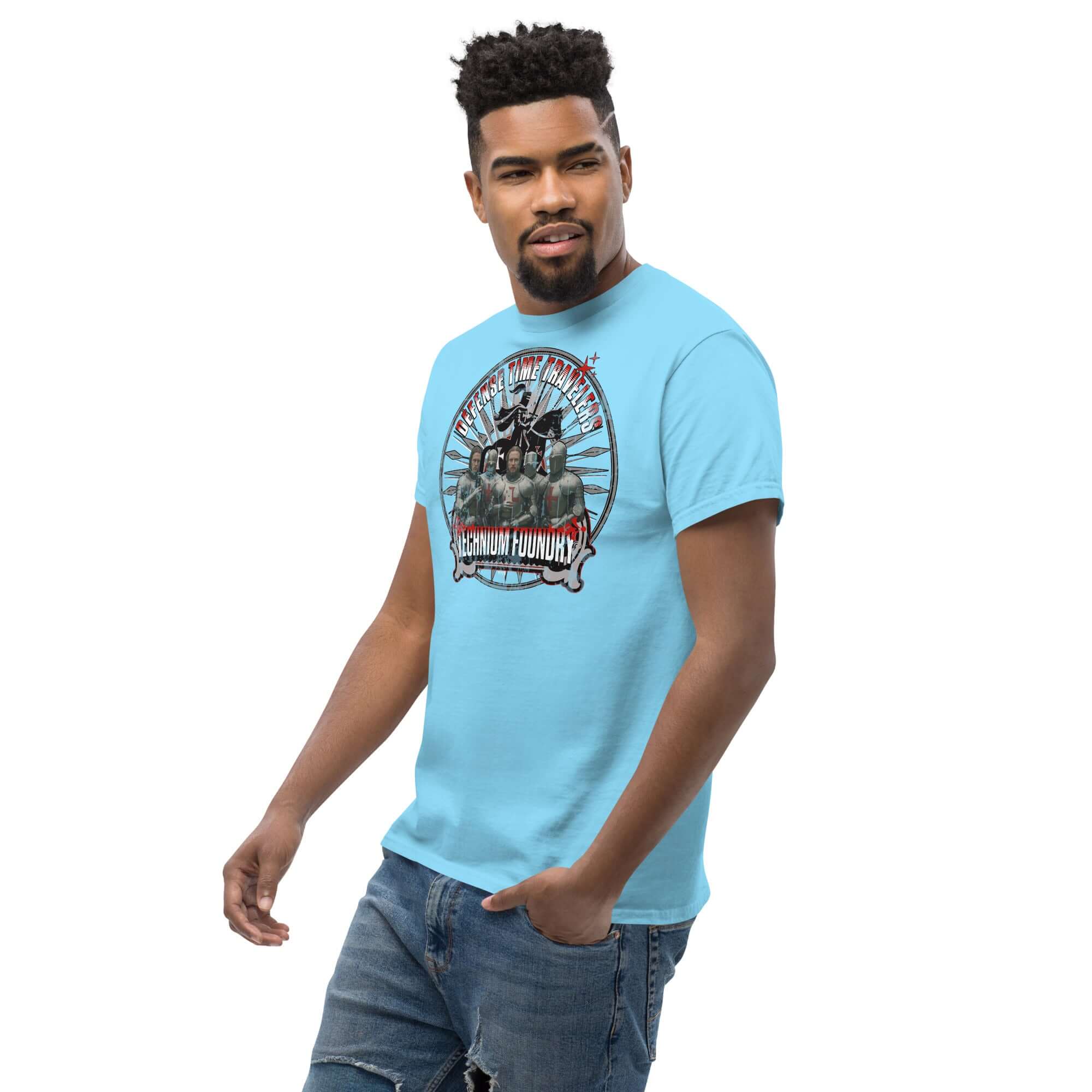 Time Traveling Knights T-Shirt featuring medieval tech paradox design worn by a model, blending history and science fiction on blue tee.