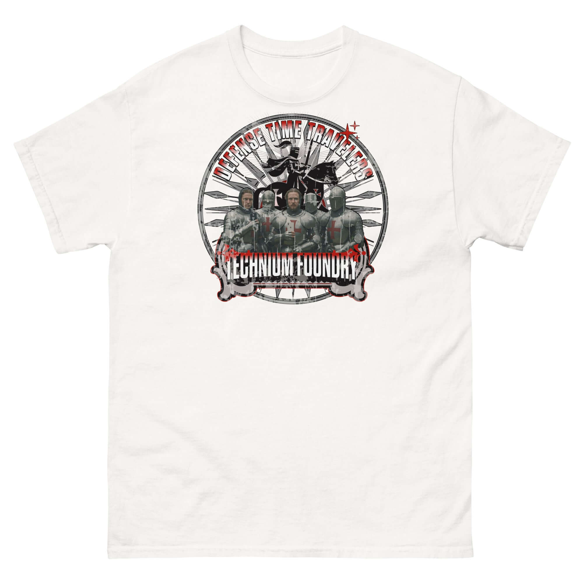 T-Shirt featuring time-traveling knights in medieval armor with clockwork design, blending medieval and sci-fi styles.