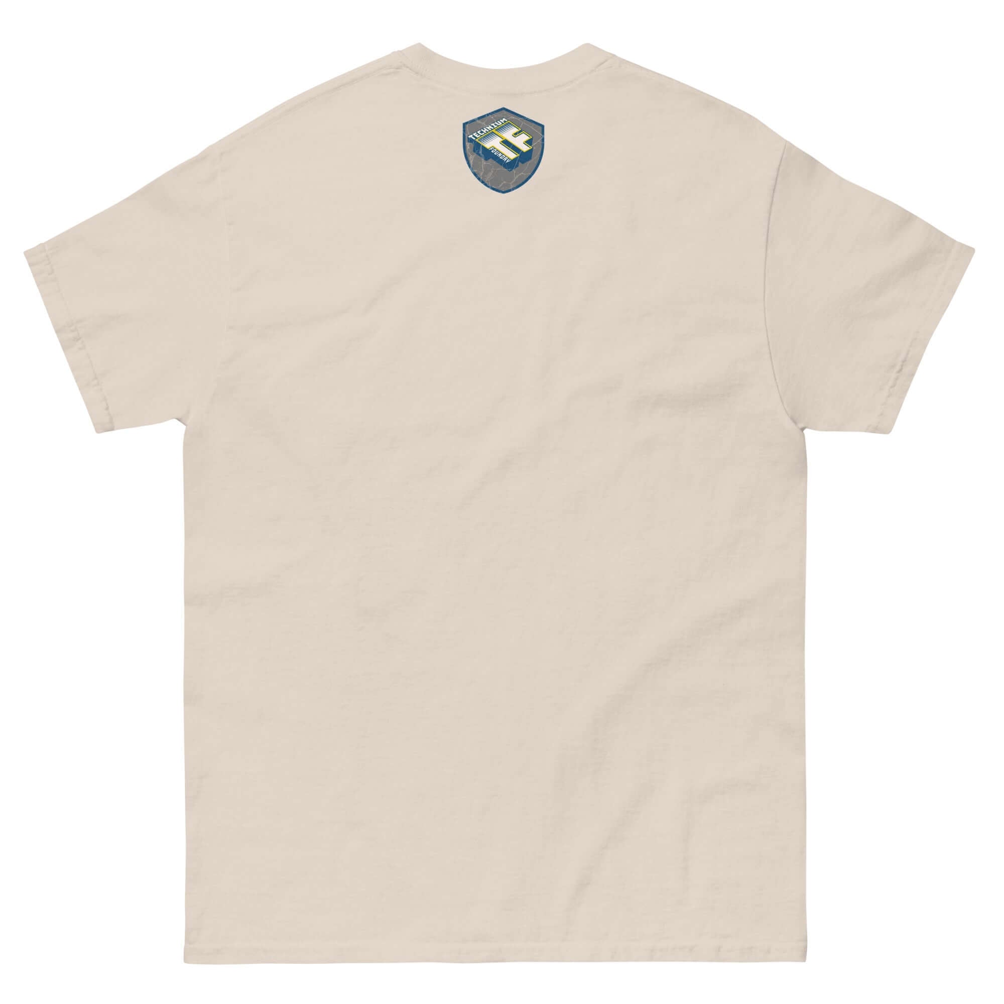 Beige cotton t-shirt with space exploration emblem on back, blending science and fashion with a retro astronaut design.