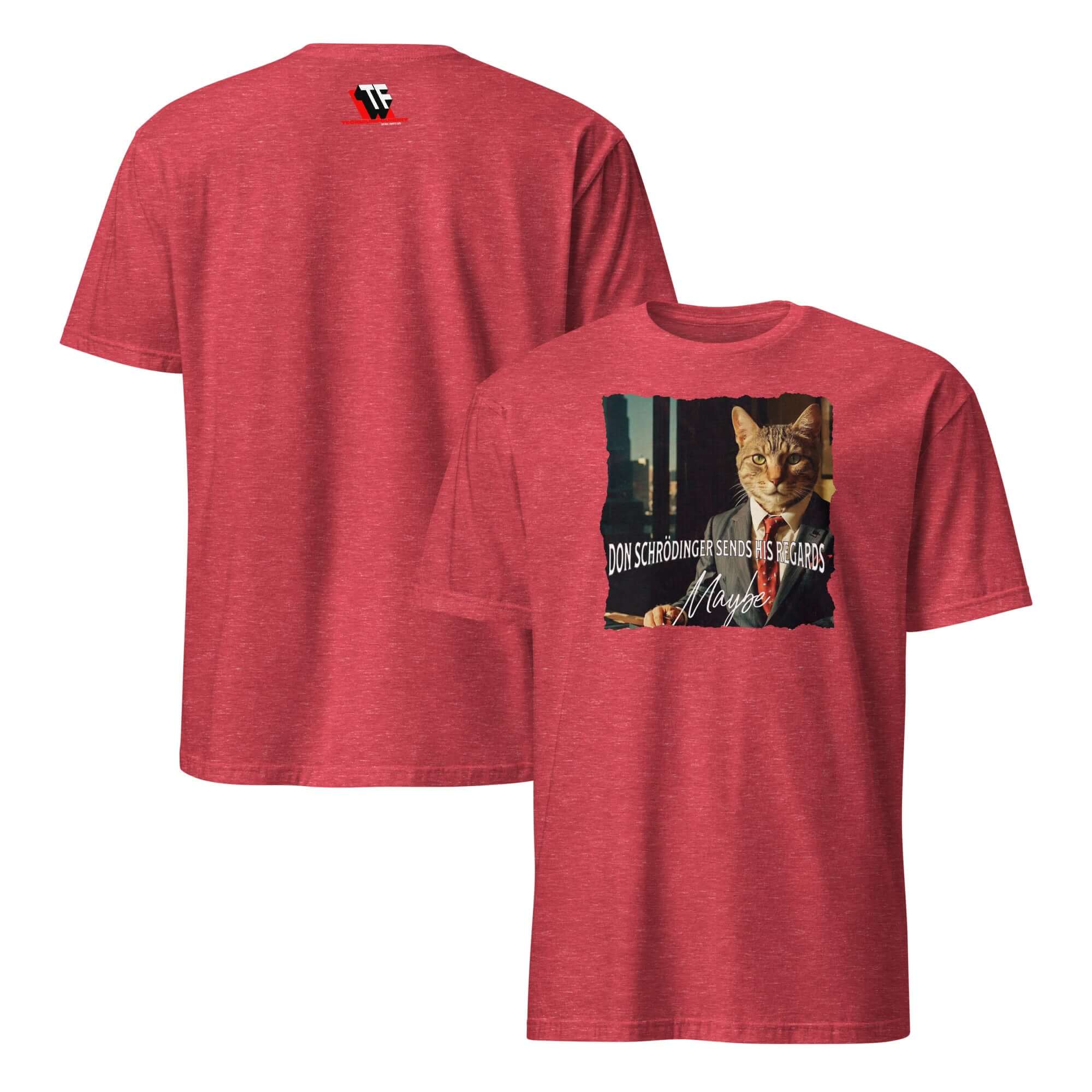 Don Schrödinger Quantum Cat Crime Boss T-Shirt in crimson with humorous print of feline boss, blending physics humor with mafia style.