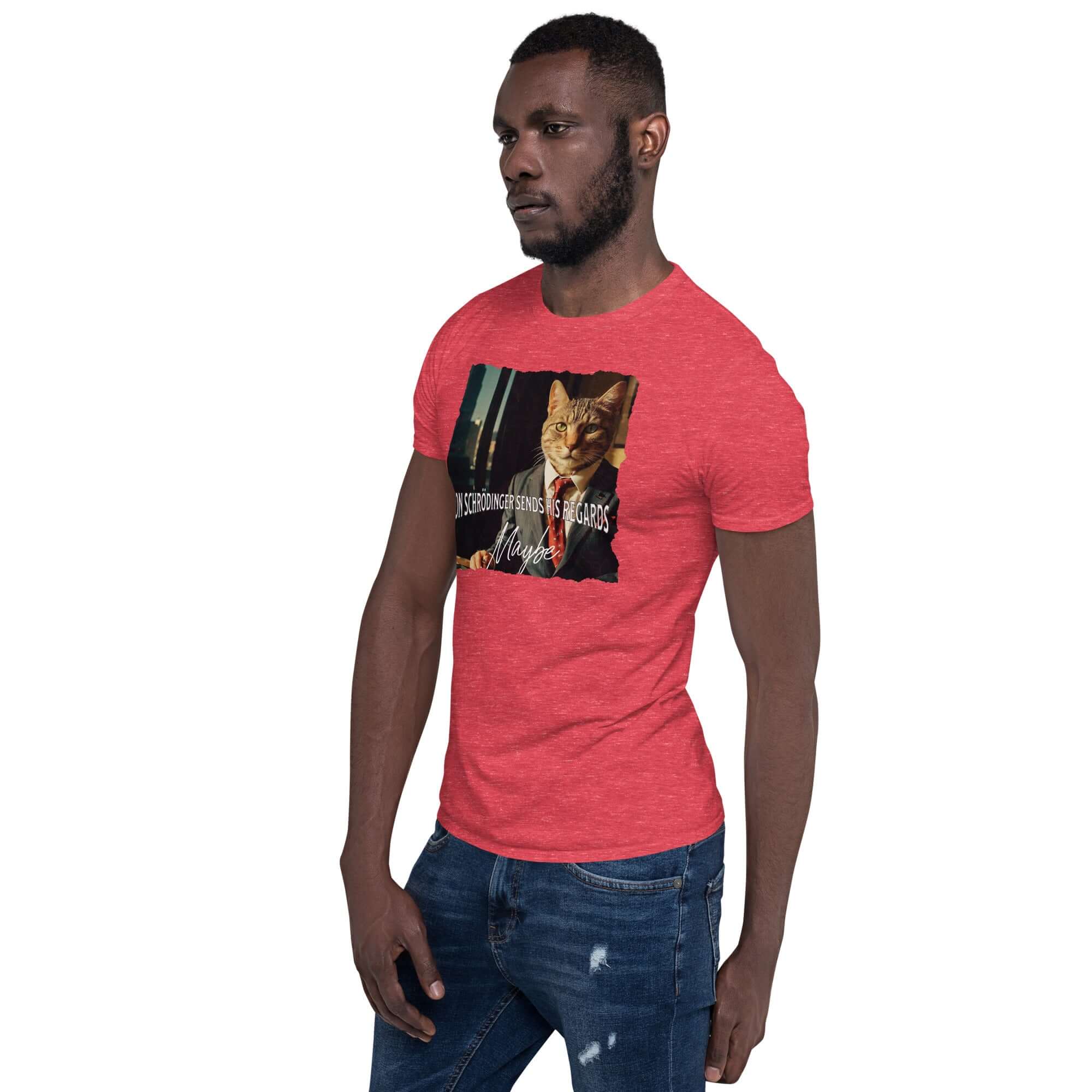 Man wearing 'Don Schrödinger: Quantum Cat Crime Boss' red T-shirt, featuring a humorous physics theme with a cat in a suit.