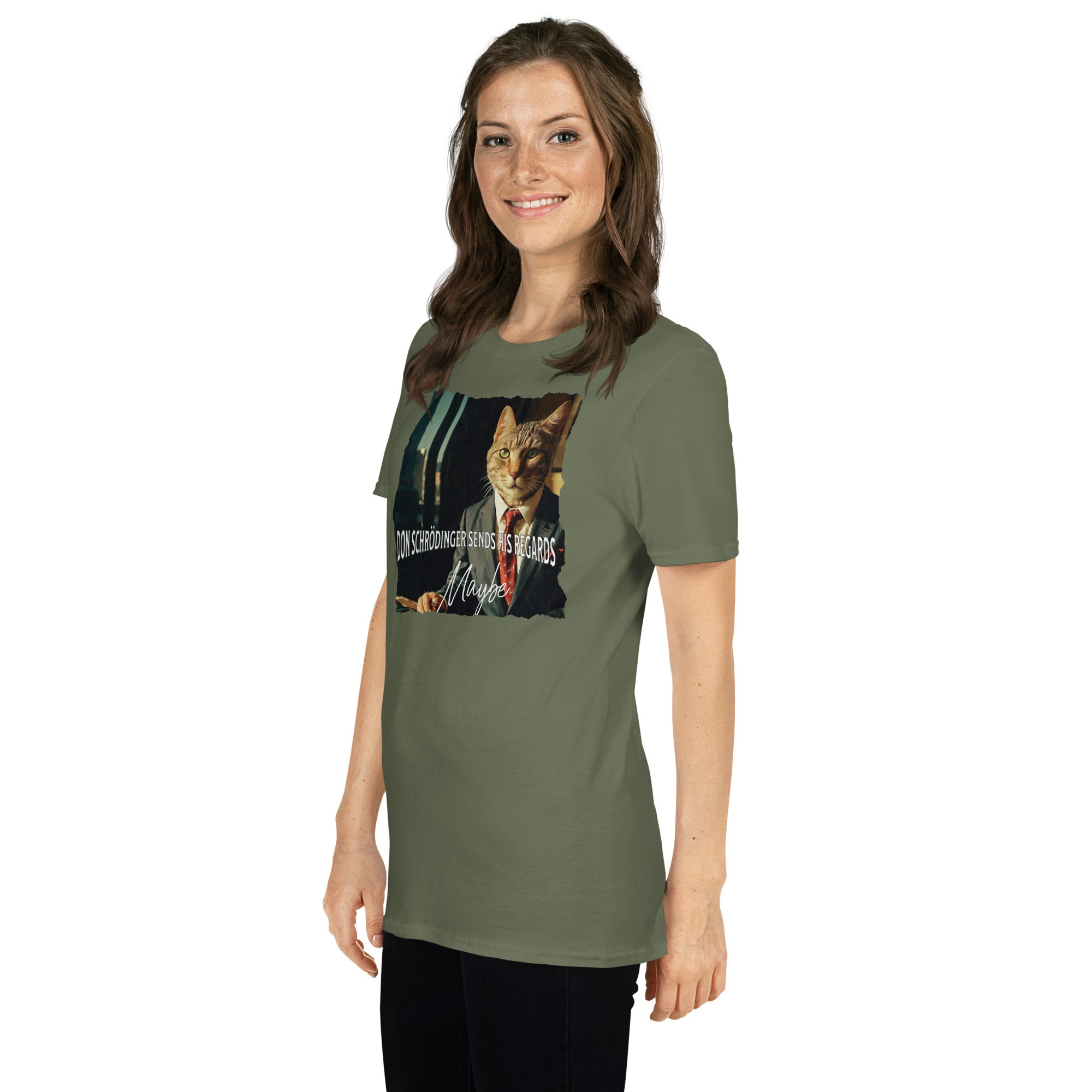 Woman wearing Don Schrödinger Quantum Cat Crime Boss T-Shirt featuring a cat graphic and physics humor text.