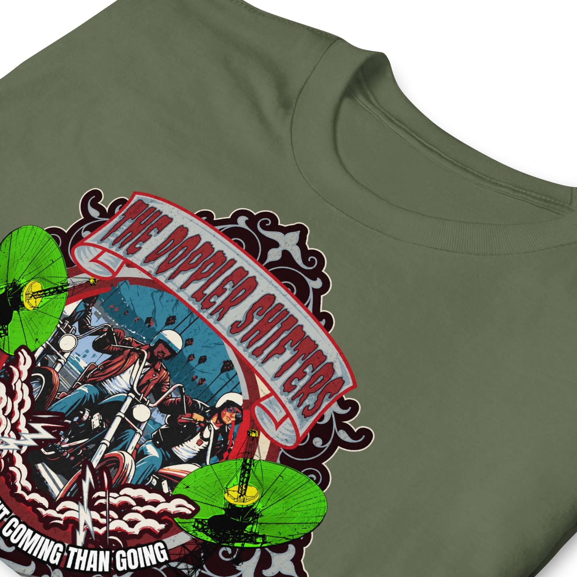 The Doppler Shifters Motorcycle Club T-Shirt with vibrant emblem, electric green accents, cityscape, and ornate border.