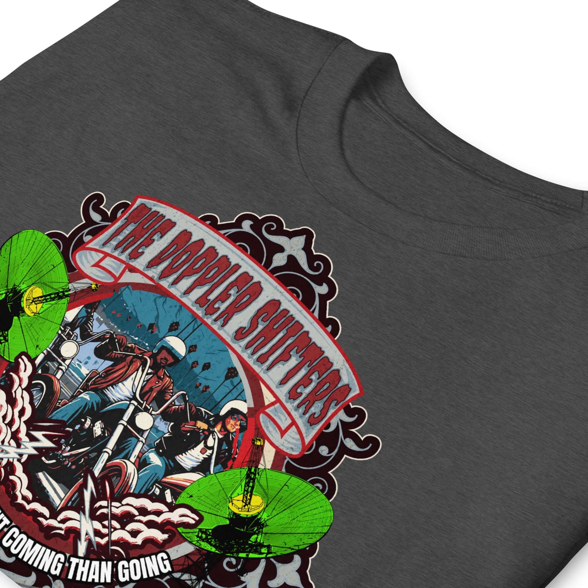 The Doppler Shifters Motorcycle Club T-Shirt with colorful emblem of riders in cityscape and green accents, physics-inspired design.
