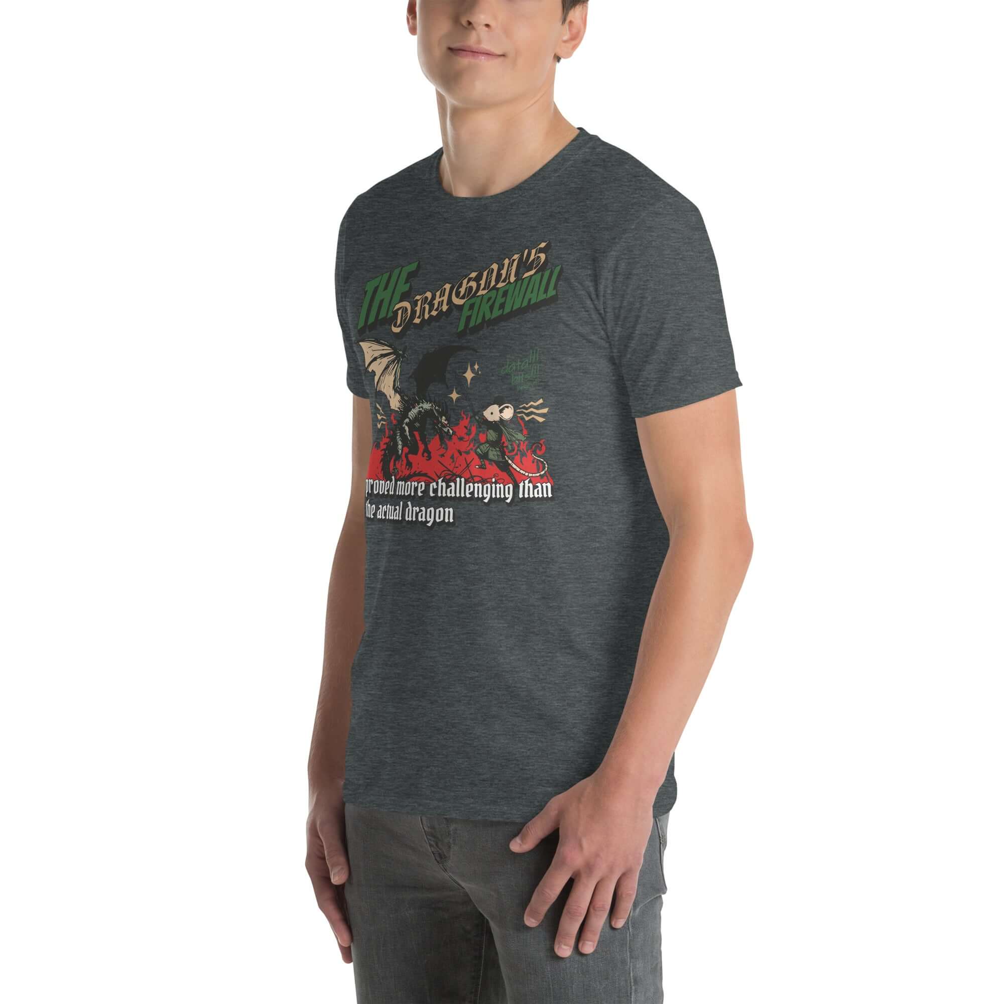 Alt Tag: "The Dragon Firewall T-Shirt - Fantasy Humor for IT Wizards Battling Digital Dragons"