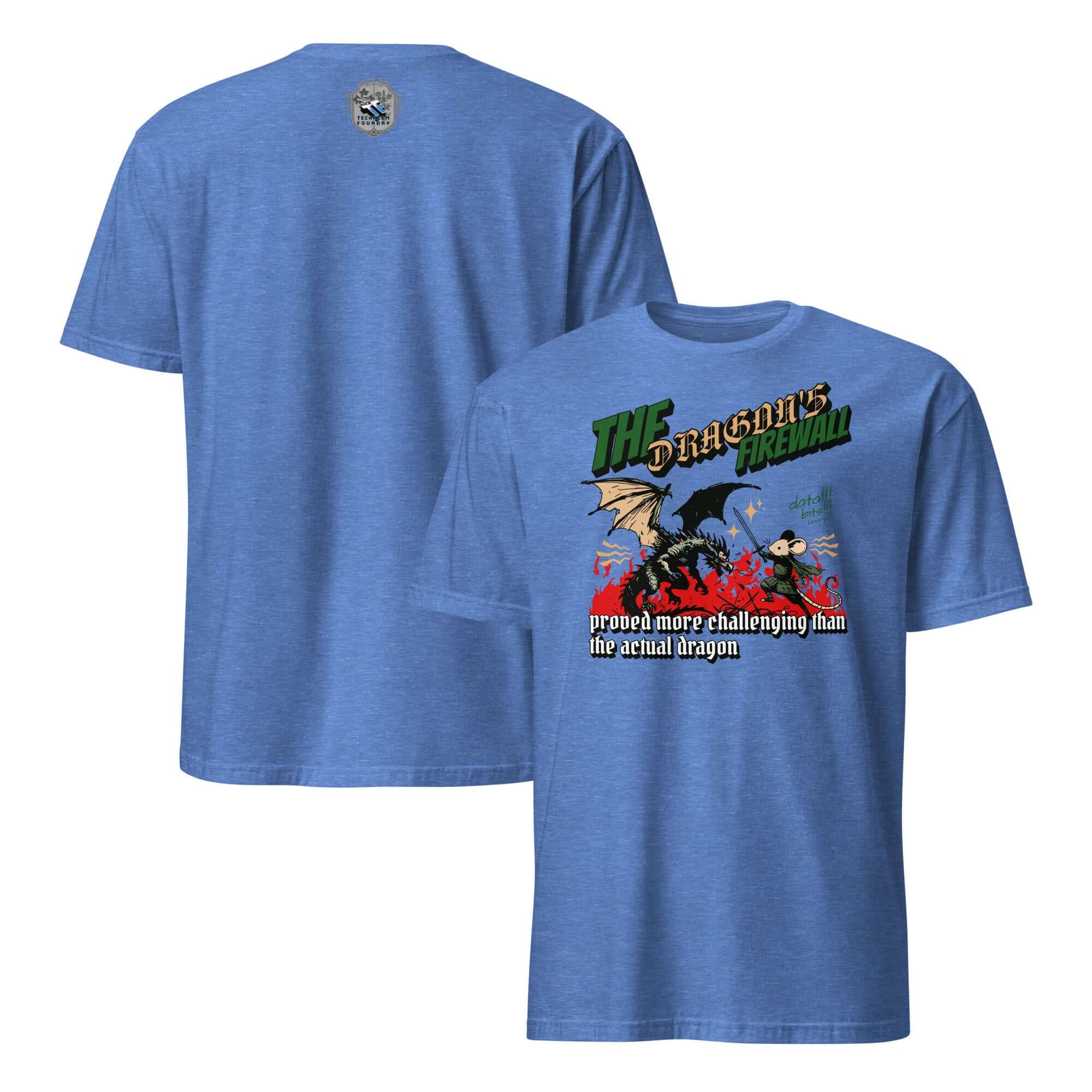 Blue 'Dragon Firewall' T-shirt with humorous IT theme featuring a mouse warrior and dragon, perfect for network security enthusiasts.