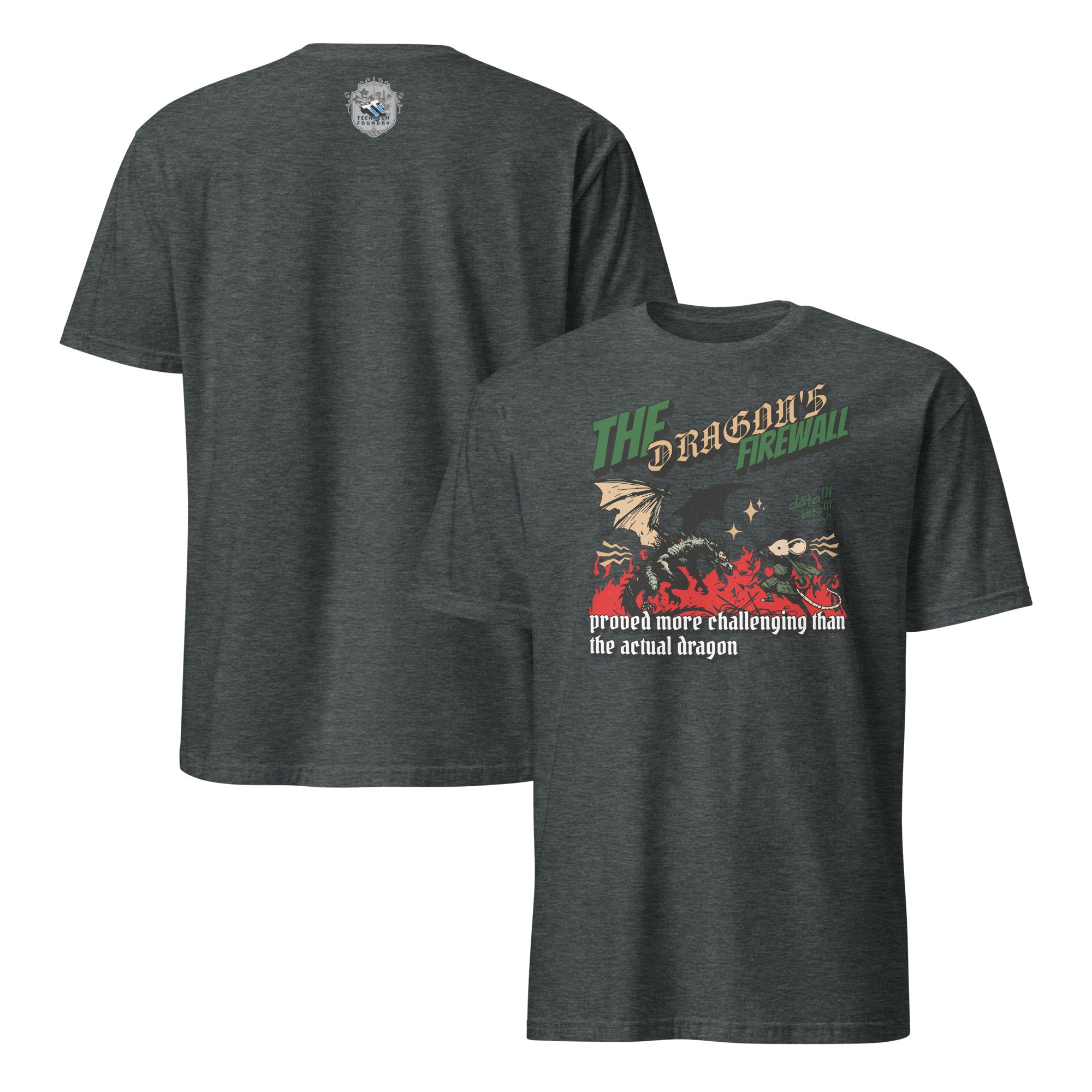 Dark green t-shirt with "The Dragon's Firewall" design, featuring a mouse warrior vs. dragon, humorous take on network security.
