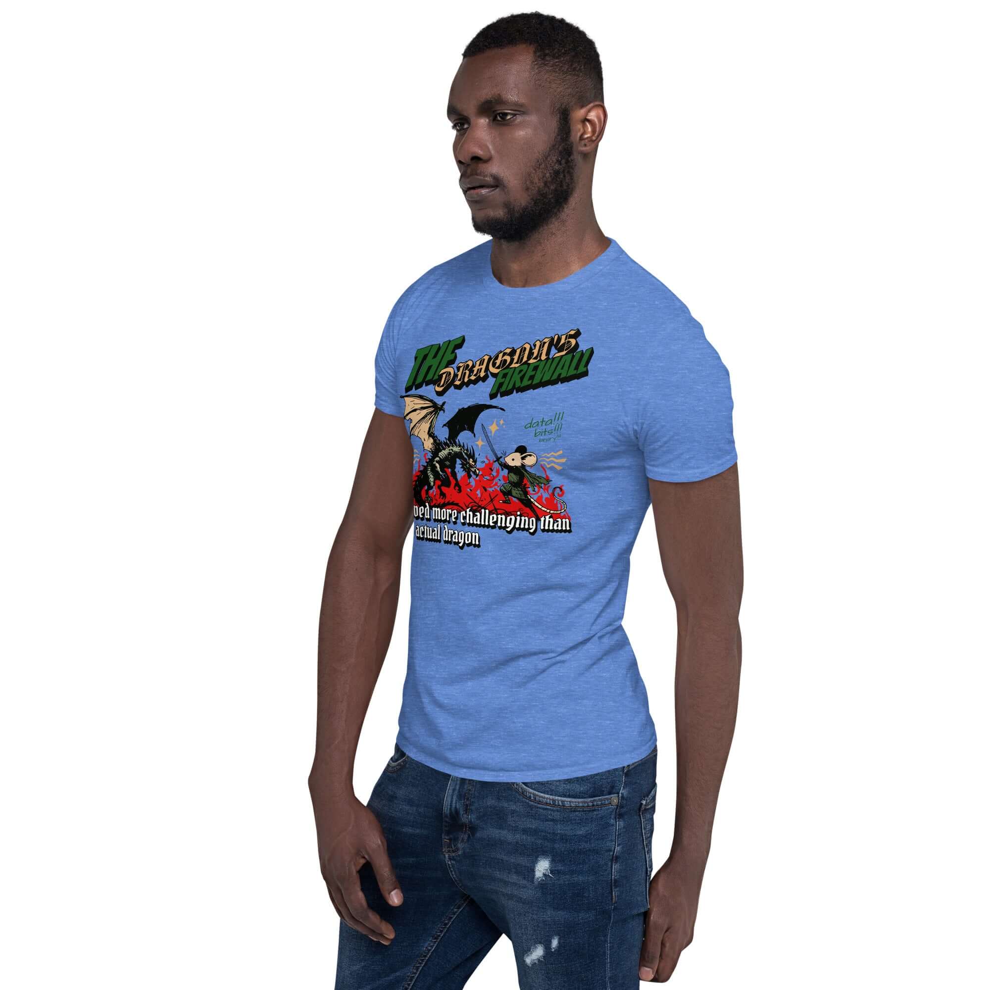 Man wearing "The Dragon Firewall" T-shirt with a mouse warrior and dragon, symbolizing network security humor.