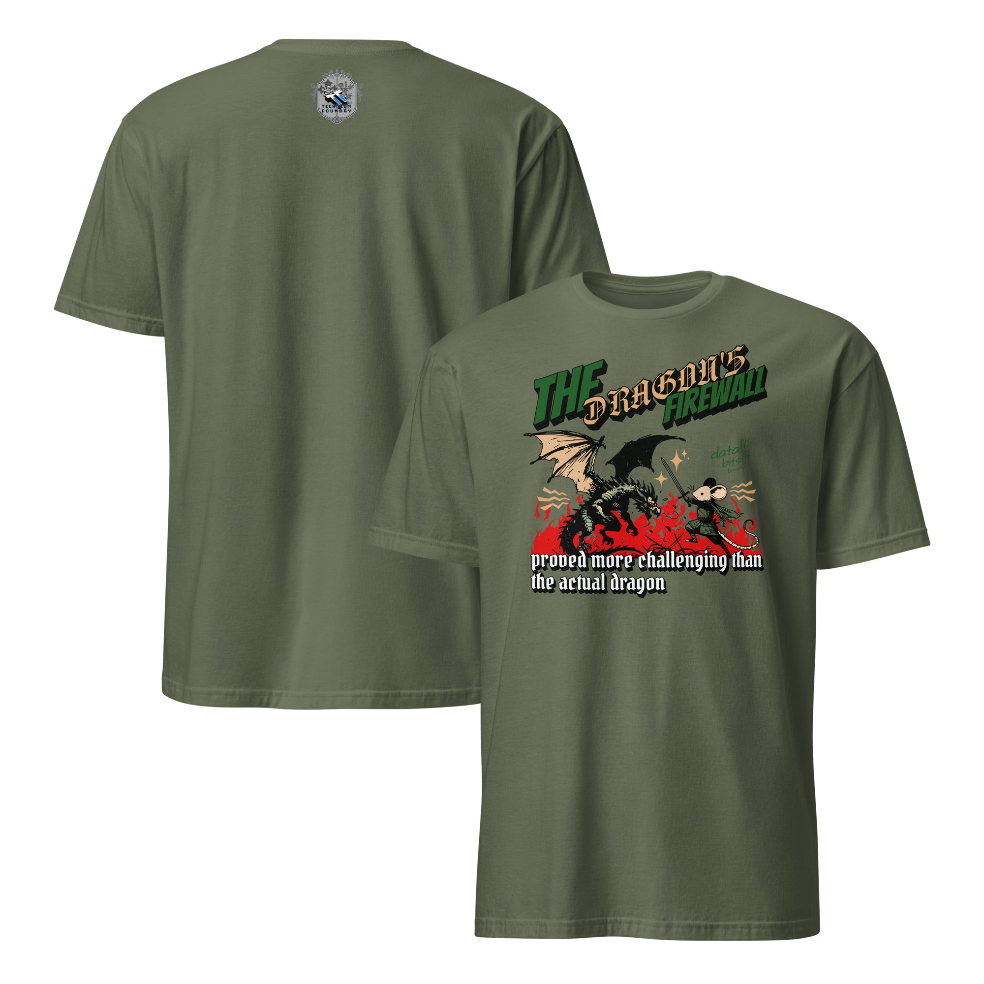 Green "Dragon Firewall" t-shirt with mouse warrior facing dragon, perfect for IT and network security humor enthusiasts.