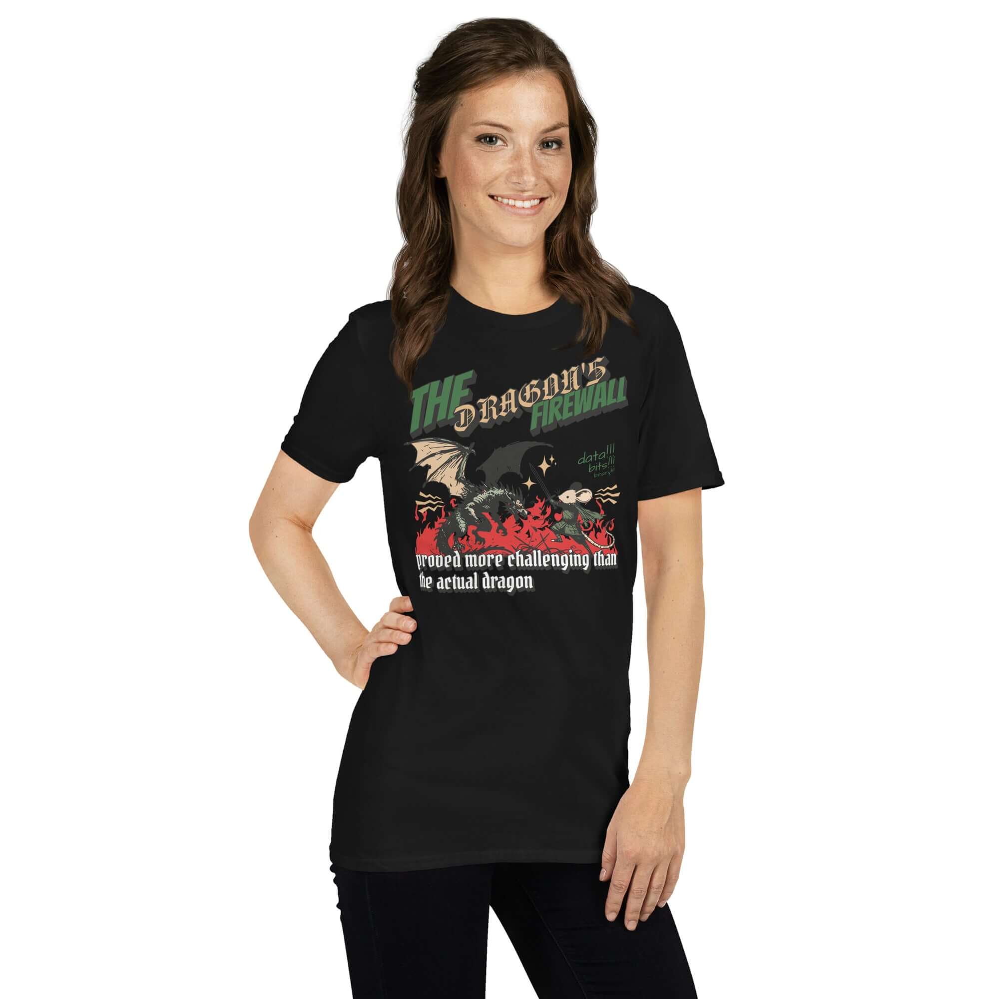 Woman wearing "The Dragon Firewall" t-shirt with fantasy humor design of mouse warrior vs dragon, ideal for IT enthusiasts.