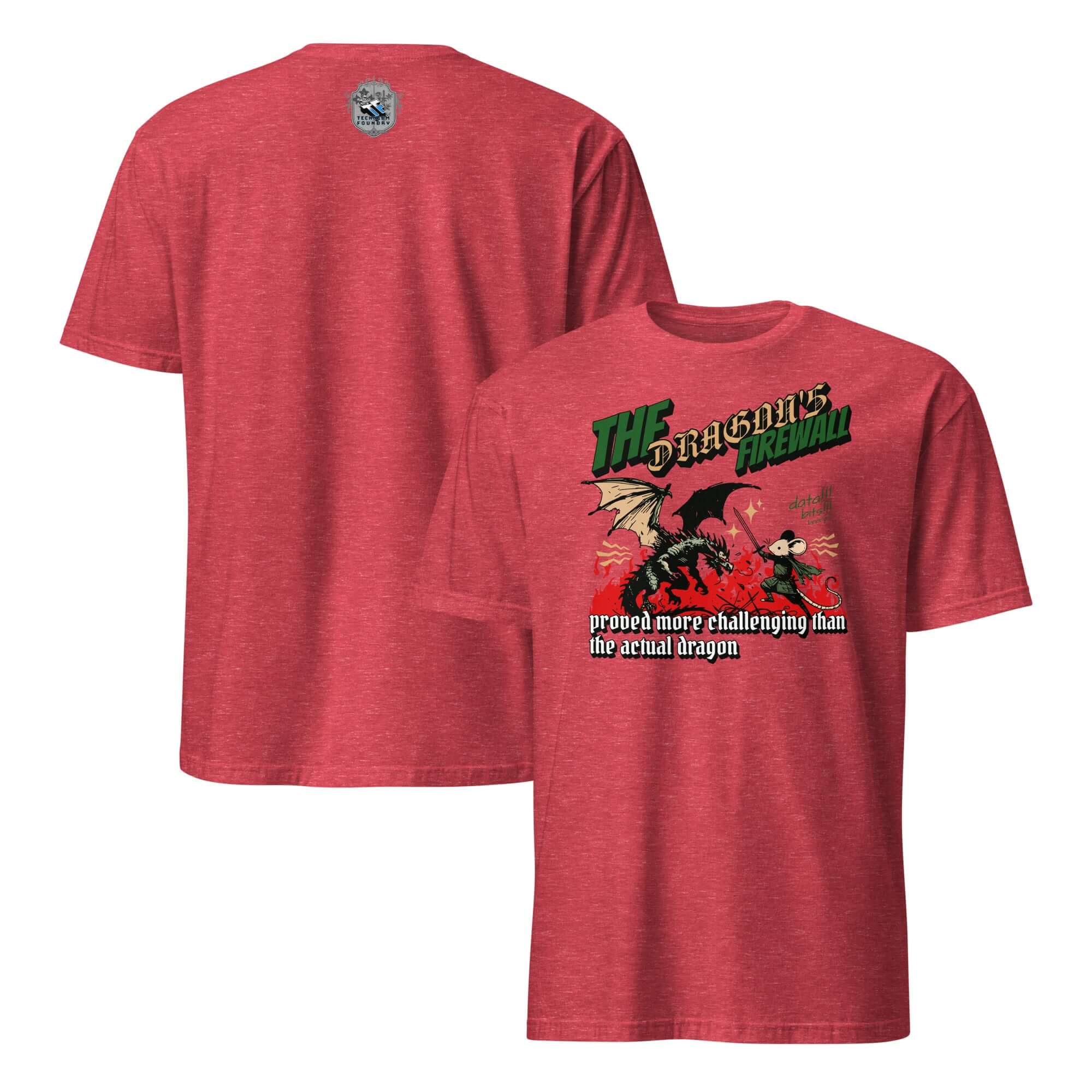 Red Dragon Firewall T-Shirt with mouse warrior facing dragon, humorously highlighting network security challenges, fantasy-themed design.