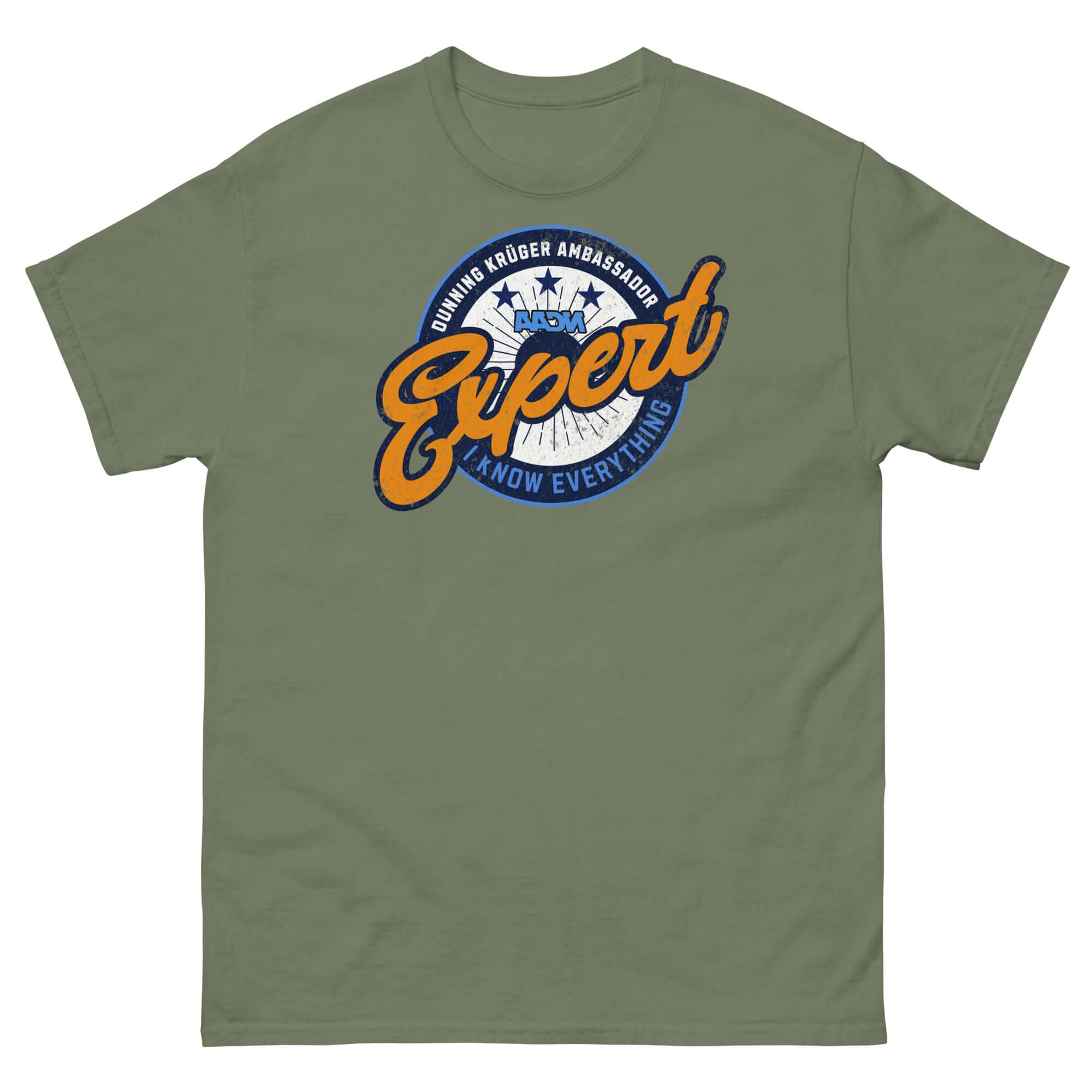Olive-green Dunning-Kruger Expert T-Shirt with playful psychology badge and sports team style emblem design.