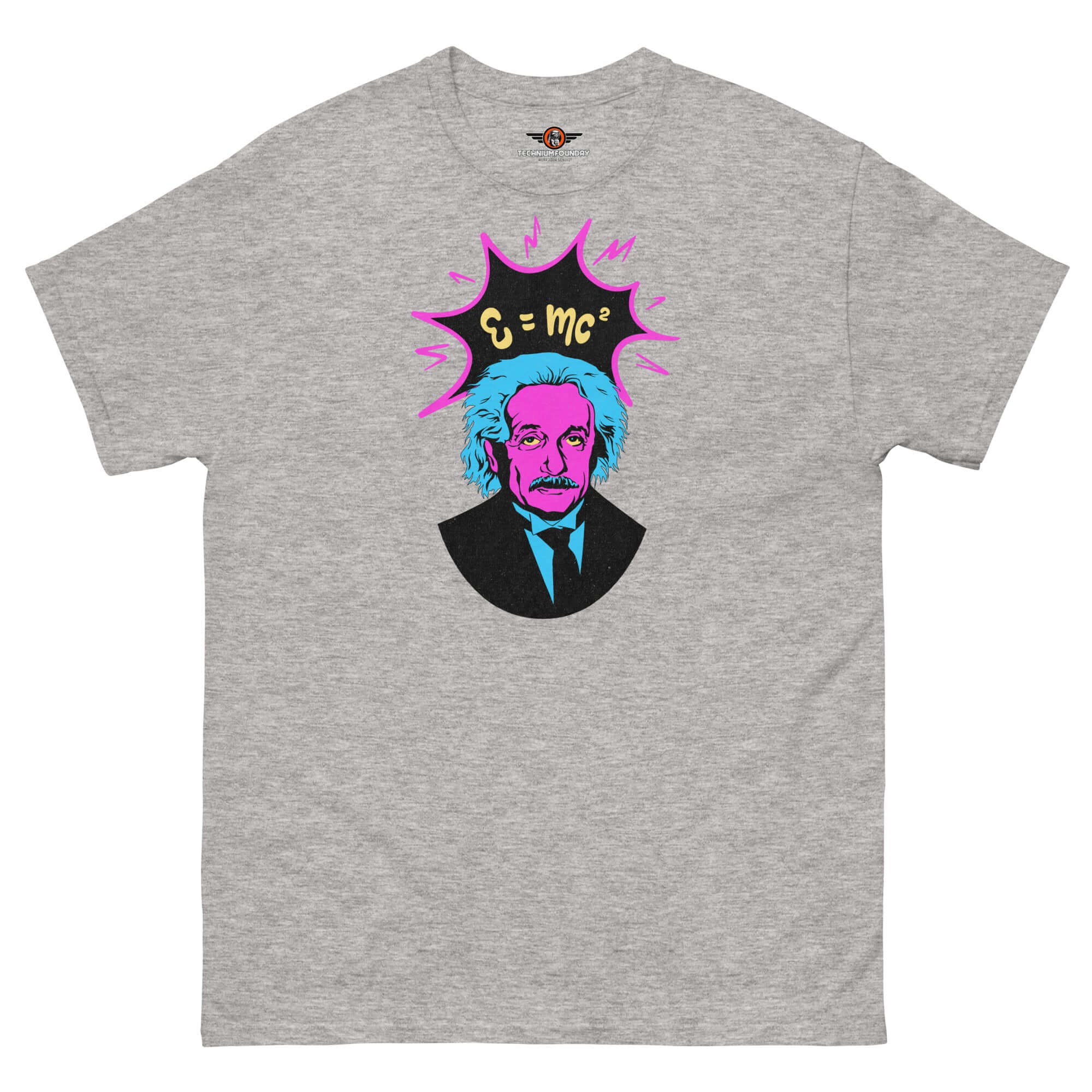 E=mc² Pop Art Einstein T-Shirt by Technium Foundry in neon pink and blue, featuring premium cotton blend.