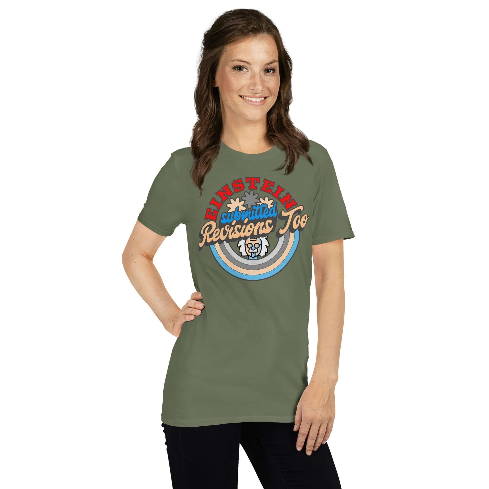 Model wearing 'Einstein Submitted Revisions Too' t-shirt with cartoon design, ideal for academic humor and retro style lovers.